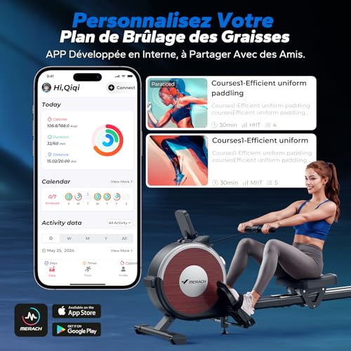MERACH Rameur Musculation D'appartement, 16 Niveaux de Résistance, Rameur Magnétique Silencieux avec APP Exclusive, Rails Doubles Améliorés pour Plus de Stabilité, Assemblage Facile