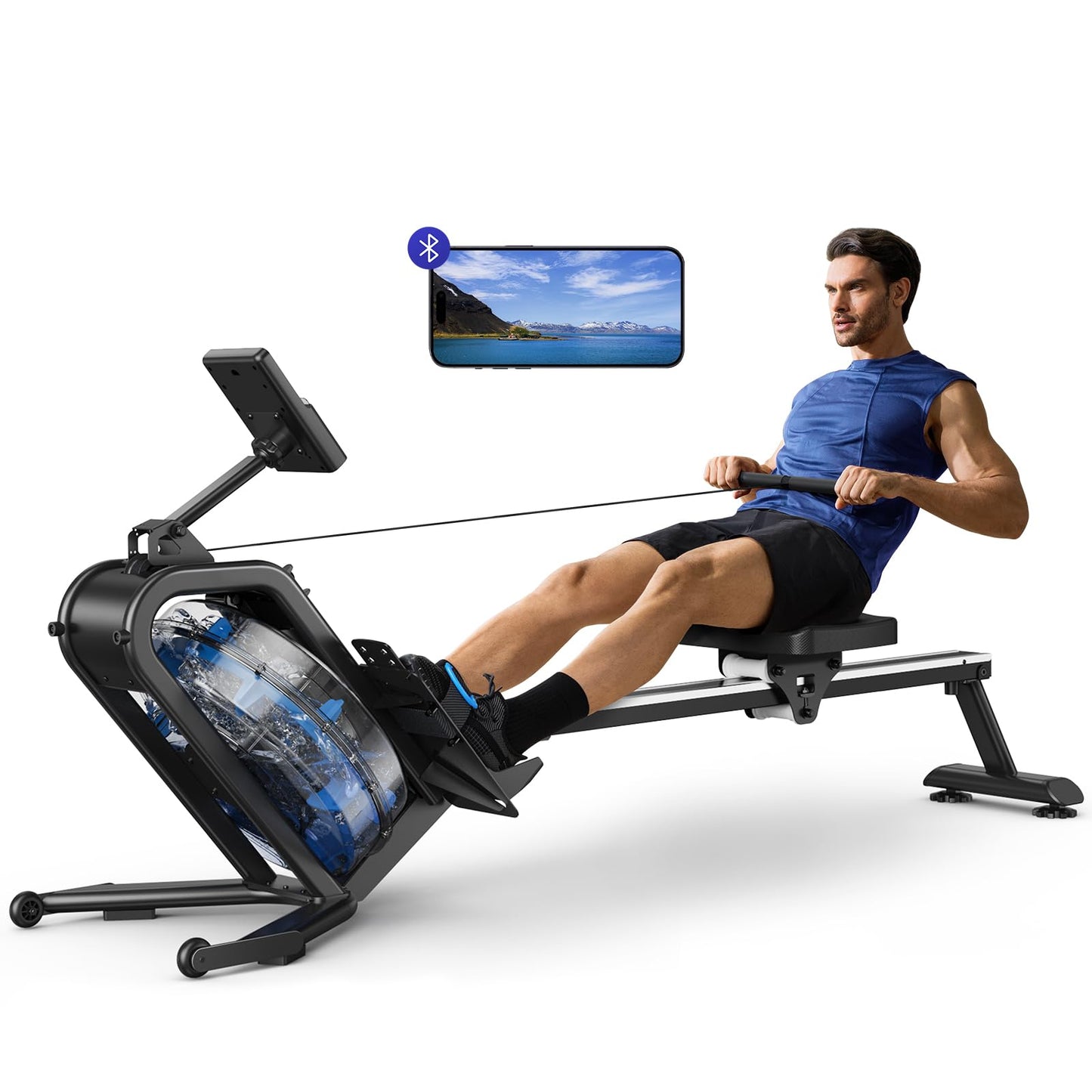 Rameur d'eau pour la maison, avec résistance à l'eau de 15 l, connectivité Bluetooth et application, support iPad, siège ergonomique, rangement vertical peu encombrant