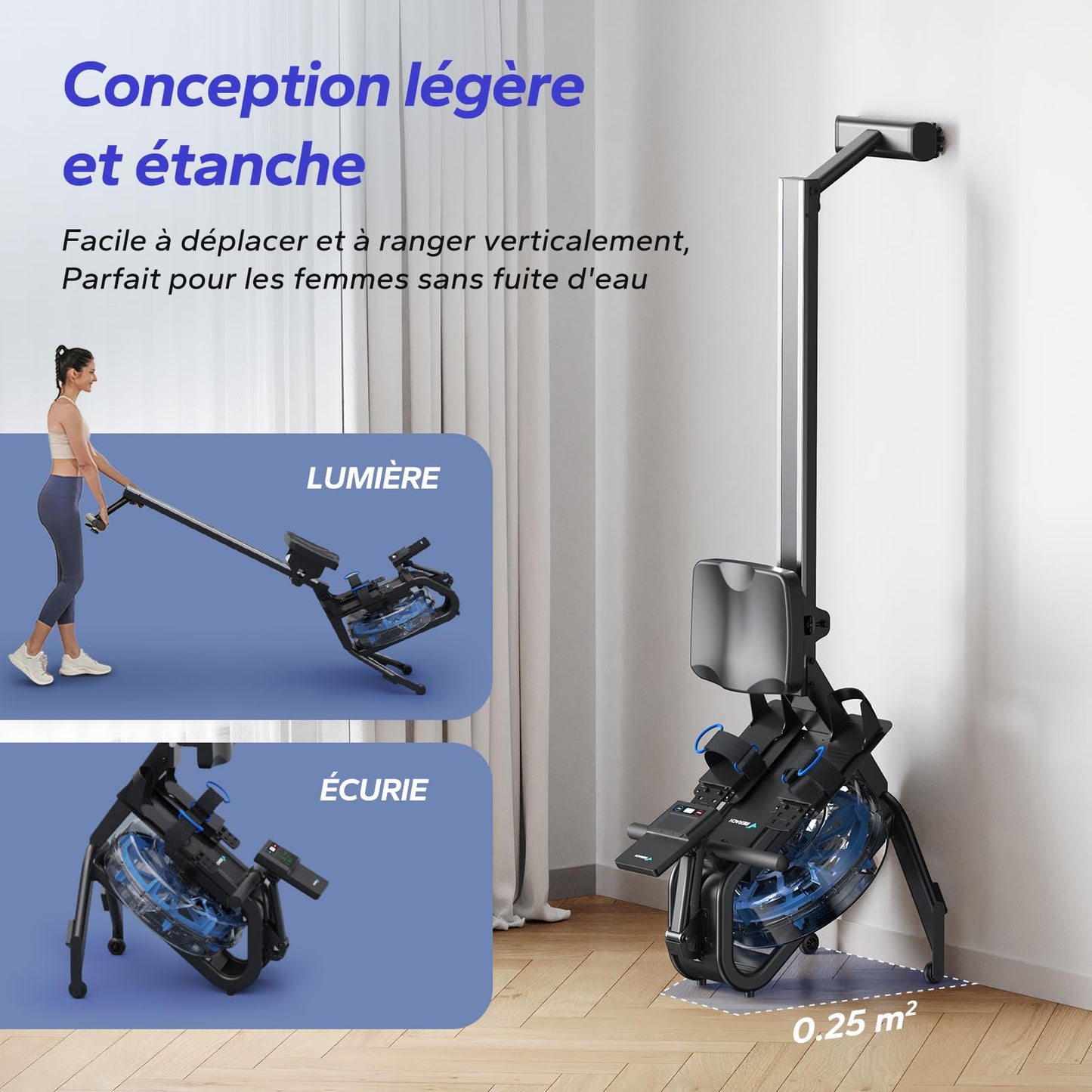 Rameur d'eau pour la maison, avec résistance à l'eau de 15 l, connectivité Bluetooth et application, support iPad, siège ergonomique, rangement vertical peu encombrant