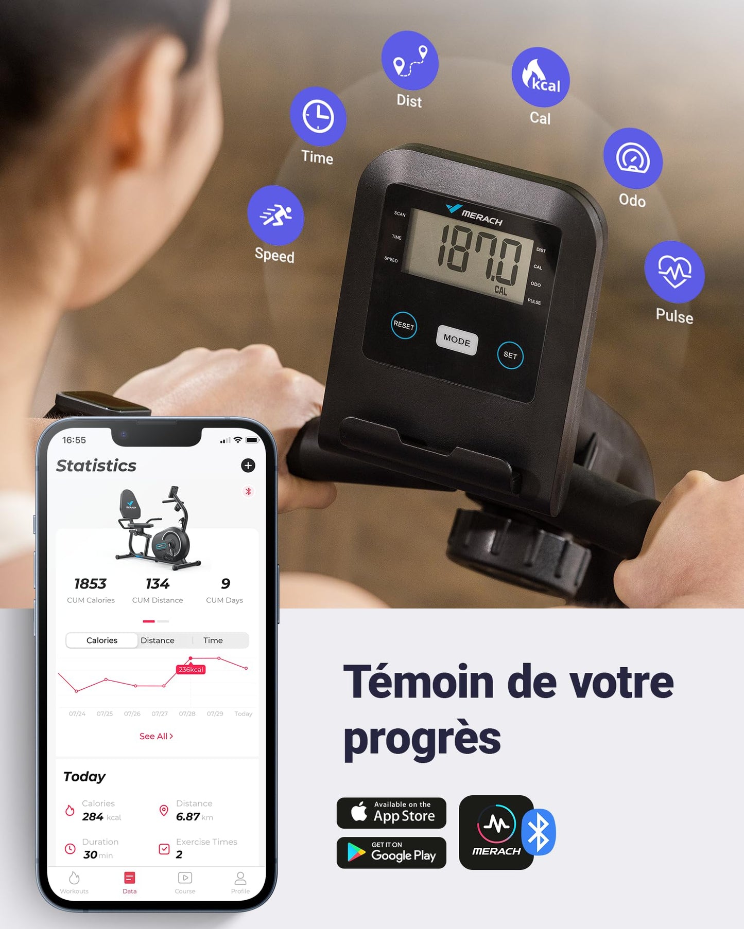 MERACH Vélo d'Appartement, Vélo Couché Magnétique avec 8 Niveaux de Résistance Réglables, Vélo de Fitness avec Écran LCD, Poignées de Fréquence Cardiaque, Capacité de Charge de 136 kg