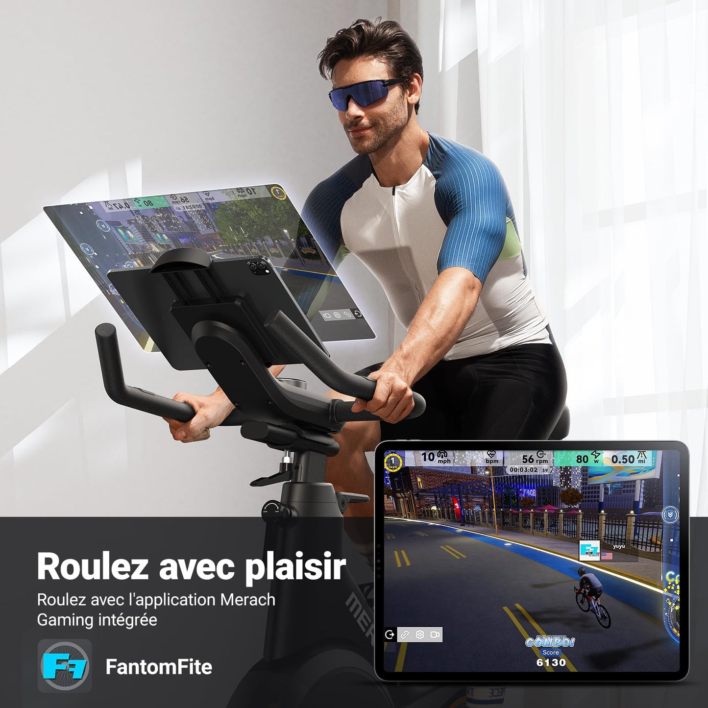 MERACH Vélo d'appartement avec inclinaison réglable ± 6 °, ergomètre silencieux avec résistance magnétique, vélo d'intérieur pour entraînement cardio à la maison, application personnelle, jusqu'à 158