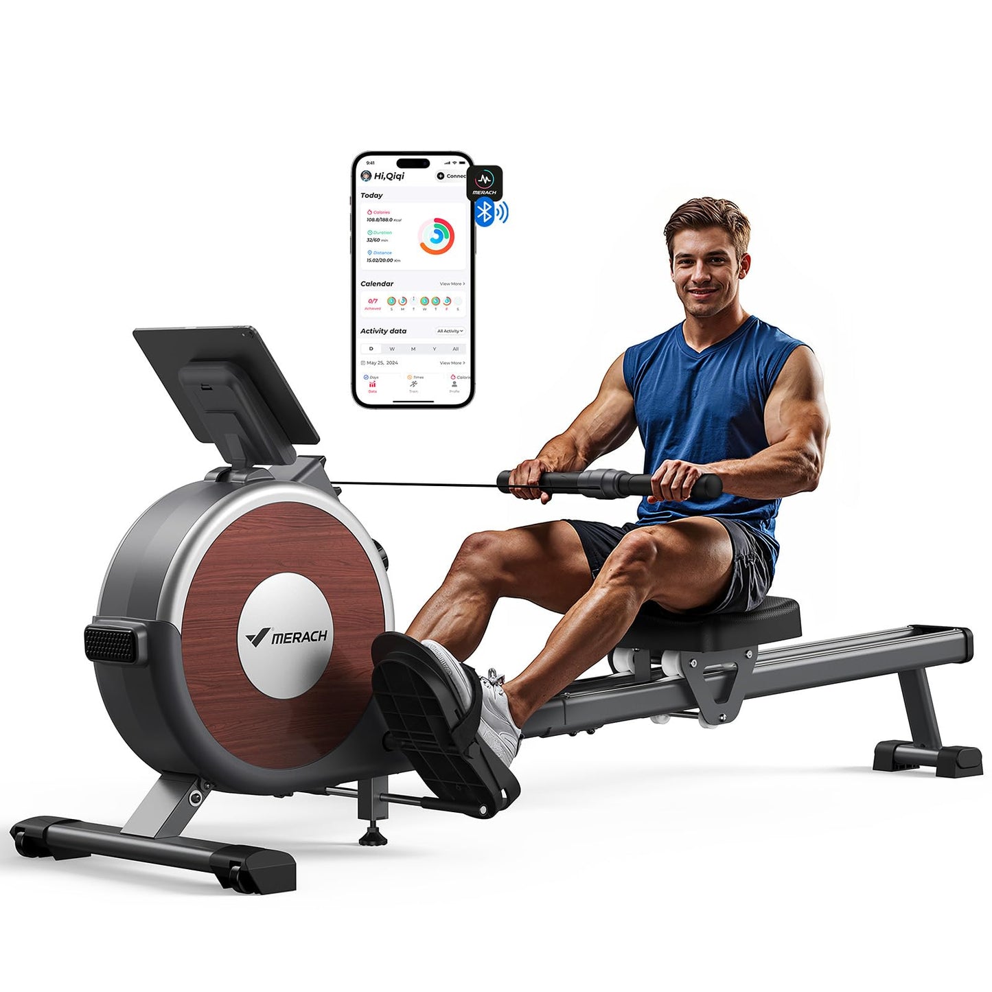 MERACH Rameur Musculation D'appartement, 16 Niveaux de Résistance, Rameur Magnétique Silencieux avec APP Exclusive, Rails Doubles Améliorés pour Plus de Stabilité, Assemblage Facile