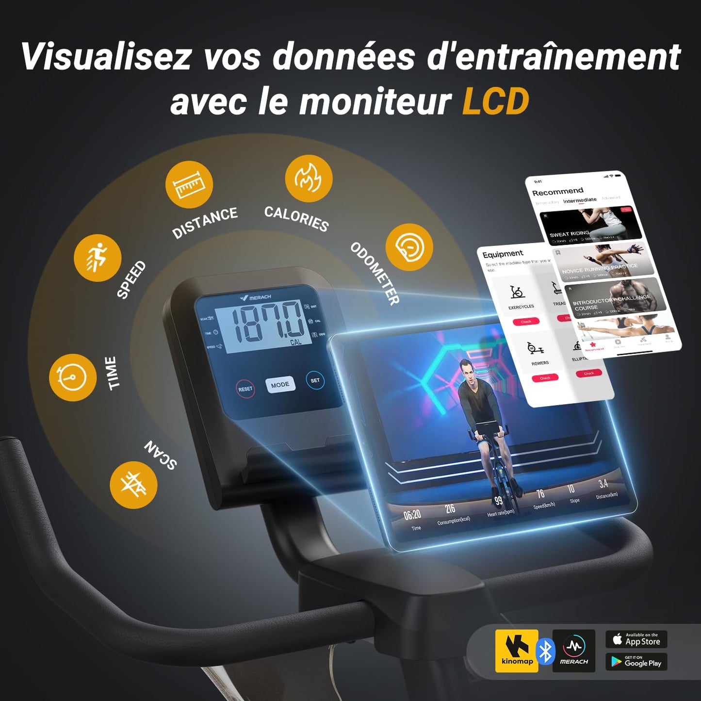 Vélo d'exercice pour la Maison, vélo d'intérieur avec résistance magnétique, vélo Stationnaire Bluetooth avec Suivi des données APP, capacité de Poids de 127 KG et Support pour tablet