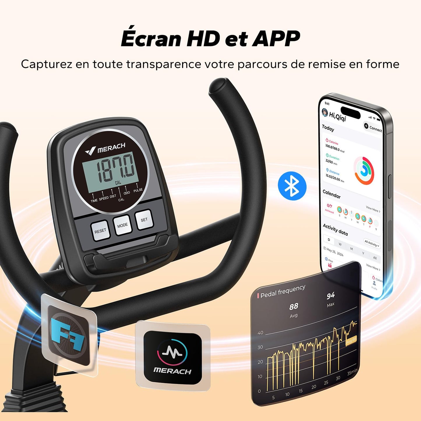 MERACH Vélo d'Appartement, Vélo Couché Magnétique à 8 Niveaux de Résistance Réglables, Vélo de Fitness Léger de Type Commercial pour Maison, Exclusive à l'App, Écran LCD, Capteurs Cardiaque