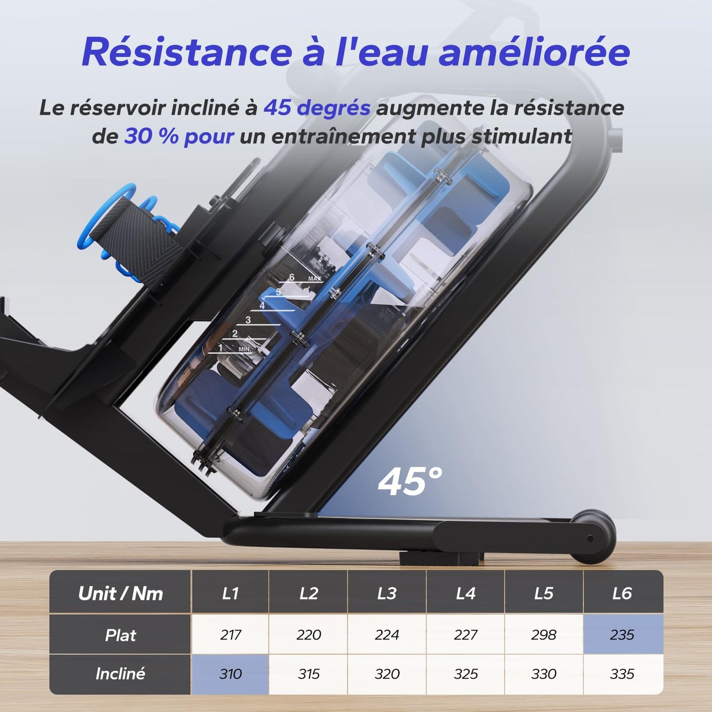 Rameur d'eau pour la maison, avec résistance à l'eau de 15 l, connectivité Bluetooth et application, support iPad, siège ergonomique, rangement vertical peu encombrant