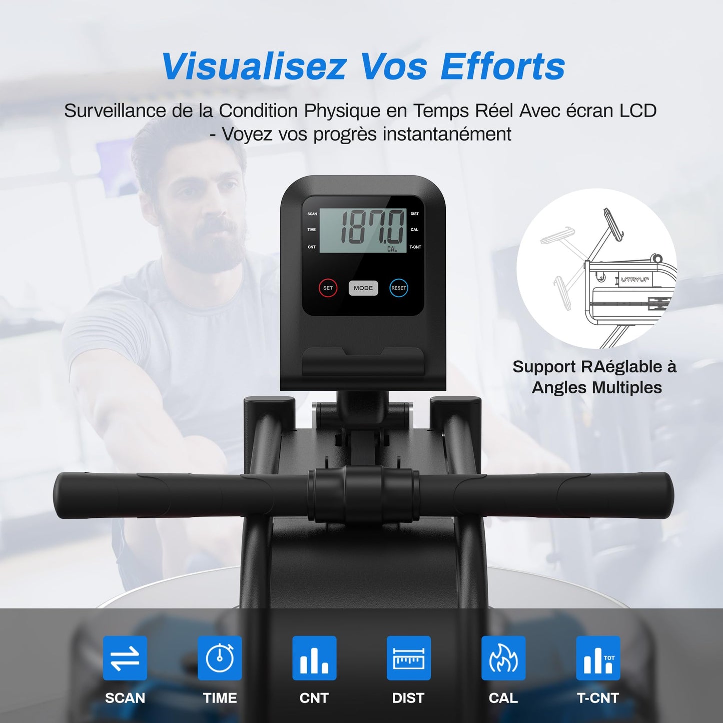 Rameur d'eau pour la maison, avec résistance à l'eau de 15 l, connectivité Bluetooth et application, support iPad, siège ergonomique, rangement vertical peu encombrant