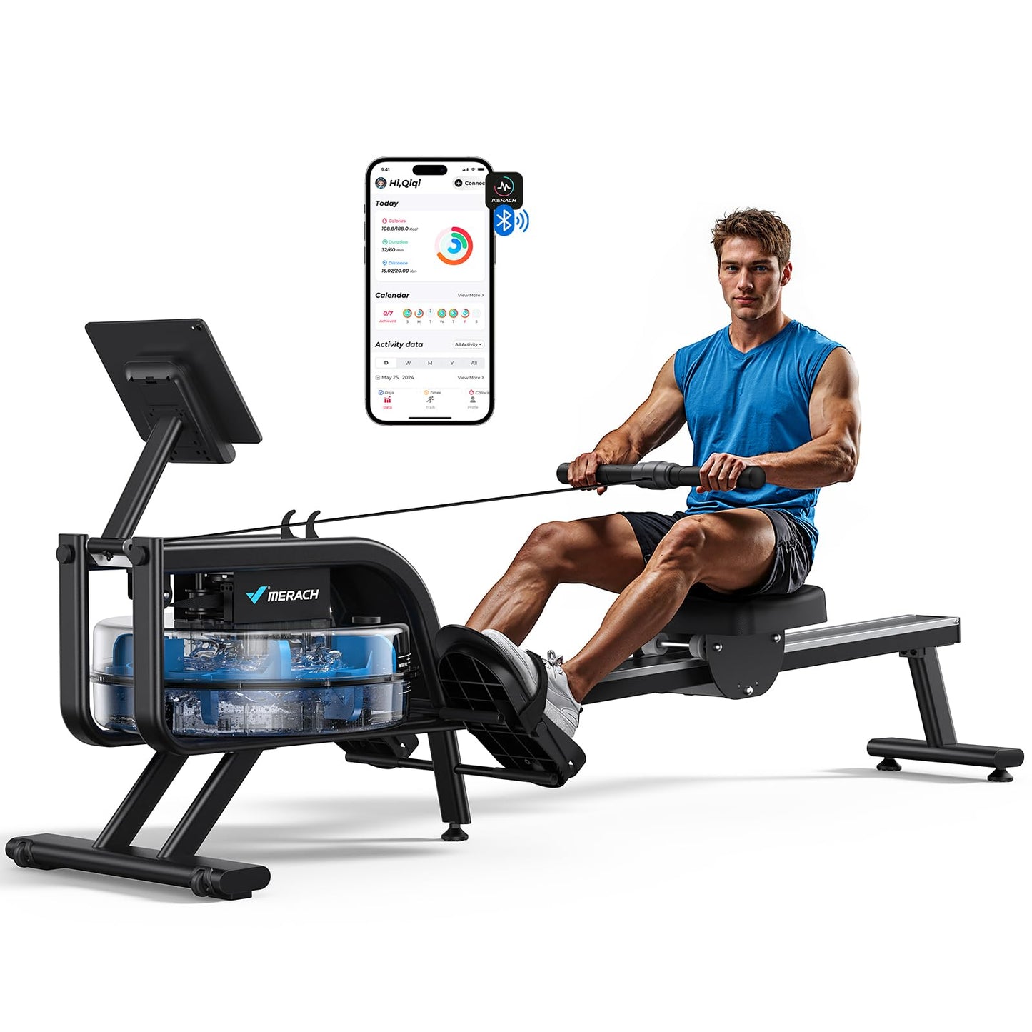 Rameur d'eau pour la maison, avec résistance à l'eau de 15 l, connectivité Bluetooth et application, support iPad, siège ergonomique, rangement vertical peu encombrant