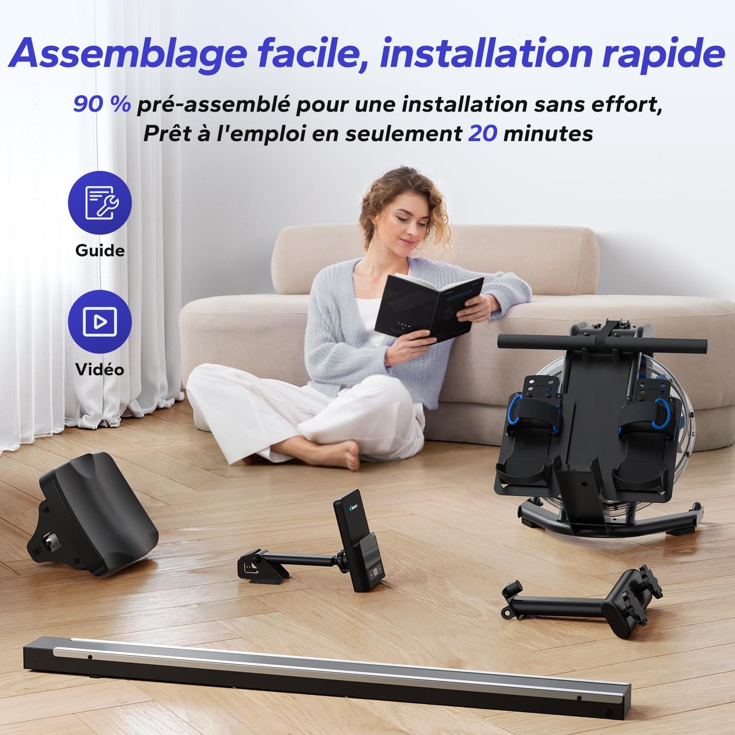 Rameur d'eau pour la maison, avec résistance à l'eau de 15 l, connectivité Bluetooth et application, support iPad, siège ergonomique, rangement vertical peu encombrant