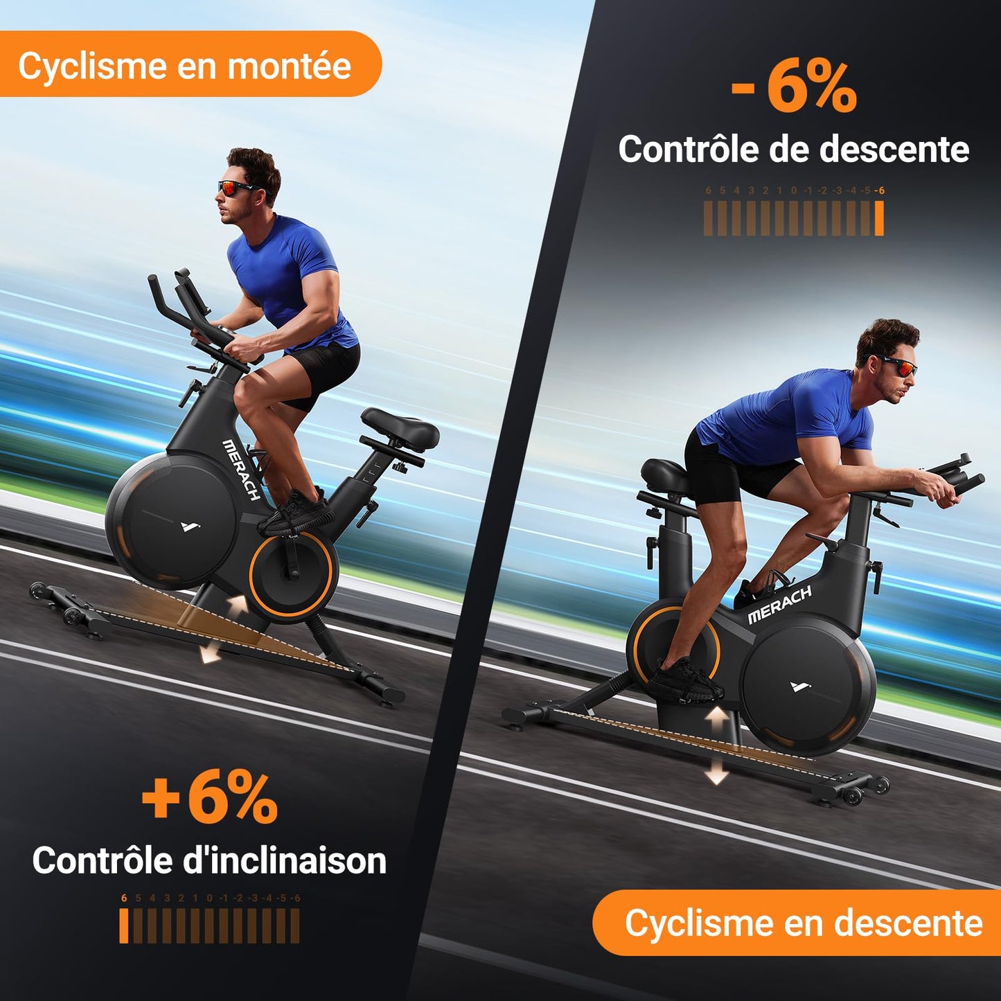 MERACH Vélo d'appartement avec inclinaison réglable ± 6 °, ergomètre silencieux avec résistance magnétique, vélo d'intérieur pour entraînement cardio à la maison, application personnelle, jusqu'à 158