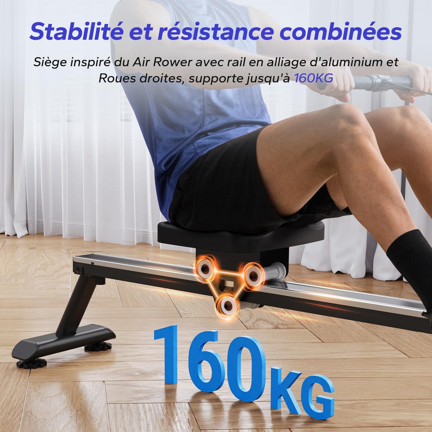 Rameur d'eau pour la maison, avec résistance à l'eau de 15 l, connectivité Bluetooth et application, support iPad, siège ergonomique, rangement vertical peu encombrant