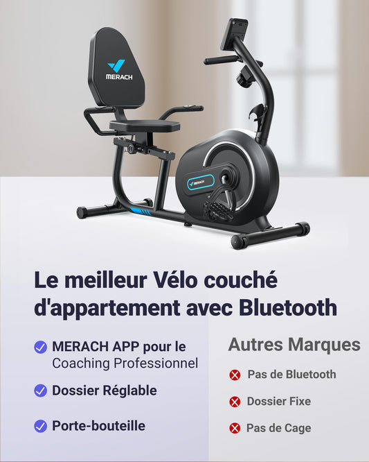 MERACH Vélo d'Appartement, Vélo Couché Magnétique avec 8 Niveaux de Résistance Réglables, Vélo de Fitness avec Écran LCD, Poignées de Fréquence Cardiaque, Capacité de Charge de 136 kg