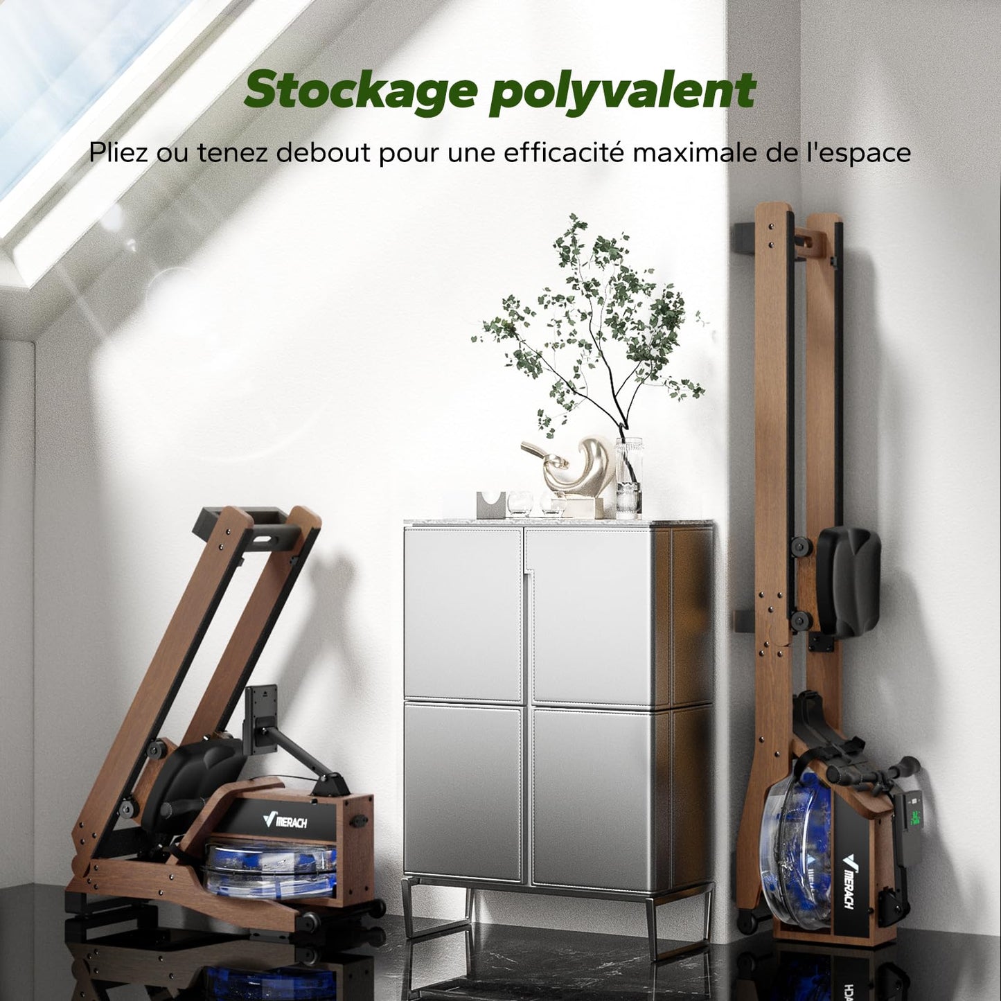 MERACH Rameur d'eau en Bois Pliable, Rameur d'appartement avec Matériau d'arbre en Caoutchouc et Siège Confortable, avec Une APP Exclusive avec Jeu Interactif, Expérience d'aviron Immersive