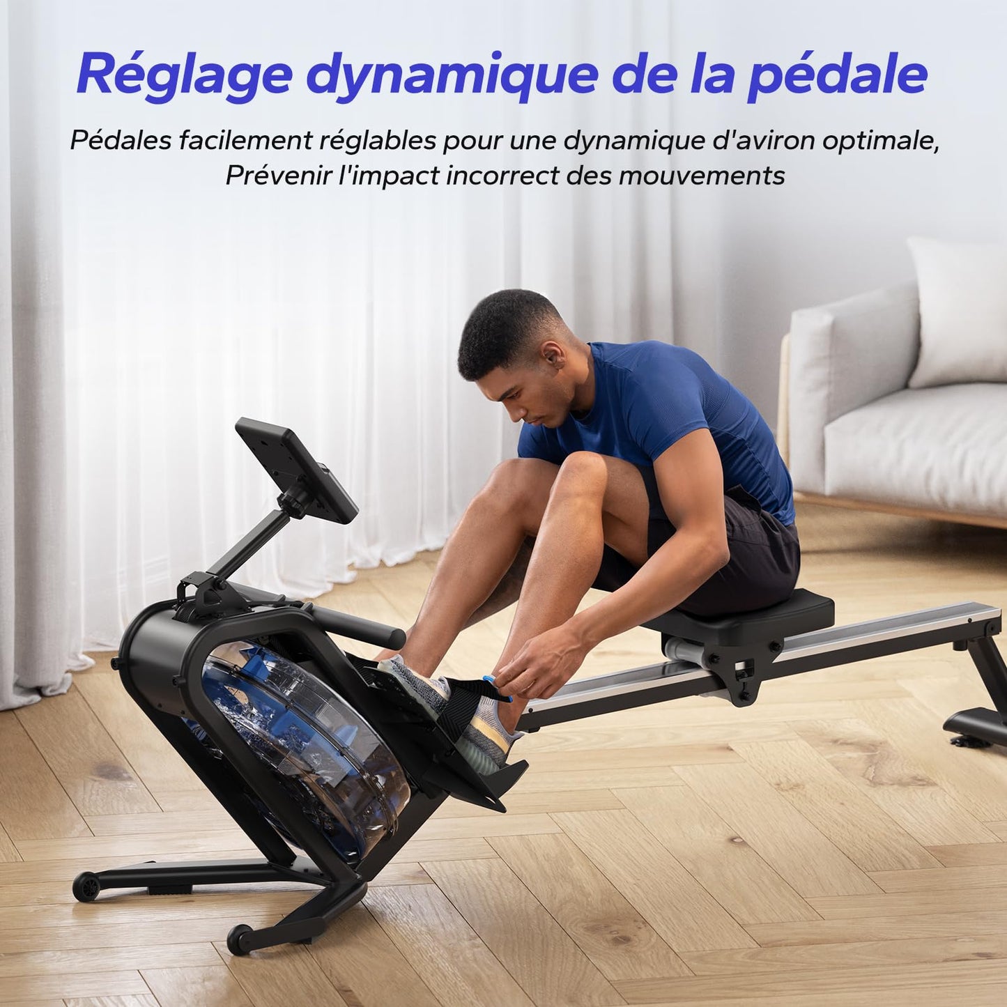 Rameur d'eau pour la maison, avec résistance à l'eau de 15 l, connectivité Bluetooth et application, support iPad, siège ergonomique, rangement vertical peu encombrant