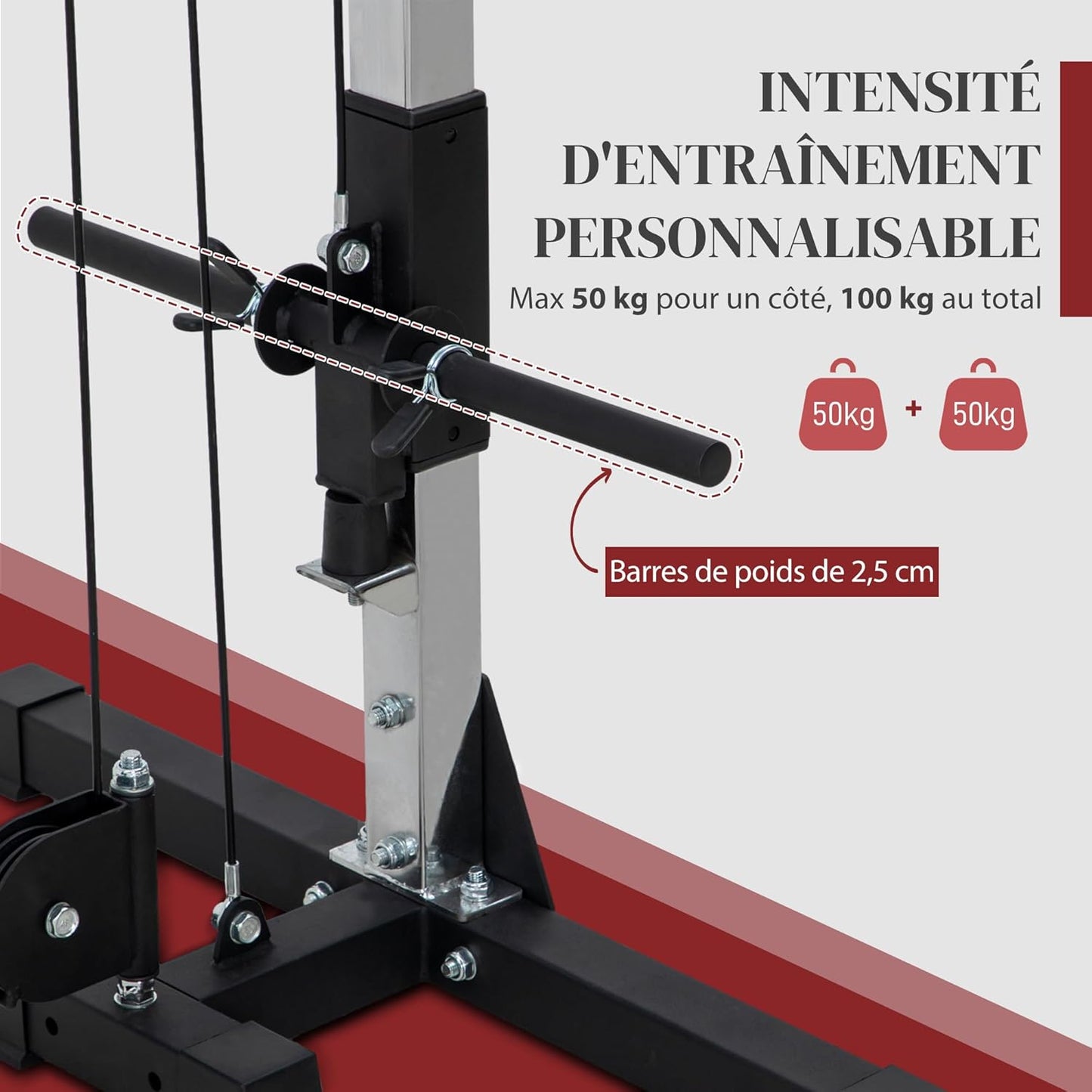 Station de musculation double poulie cable crossover vis à vis, charge libre avec poids 2 x 50kg - dim. 245L x 85l x 207H cm