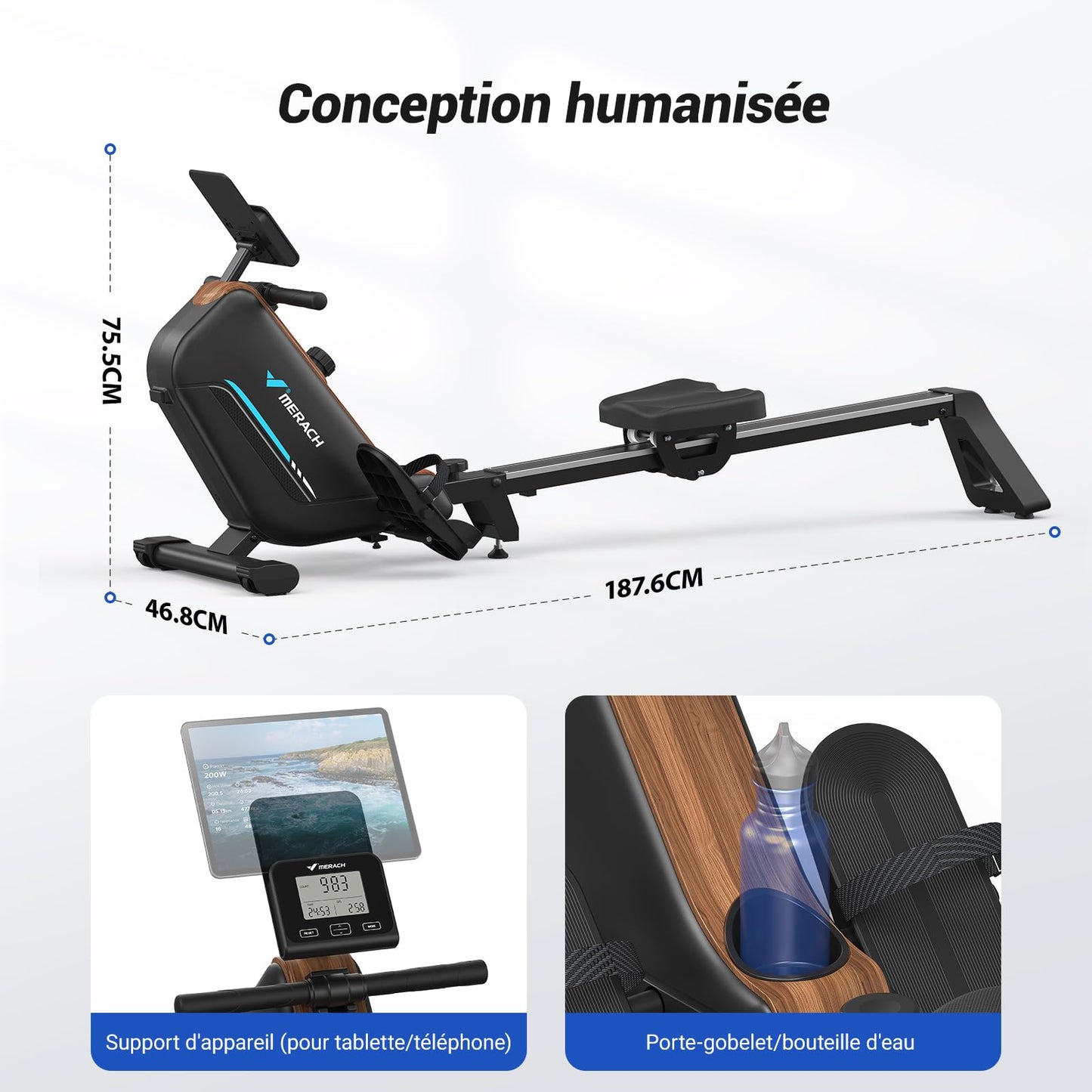 MERACH Rameurs pour la Maison, Rameur Silencieux avec Rail Rallongé de 130CM, Rameur Magnétique Puissant à 16 Niveaux et Capacité de Charge de 160KG