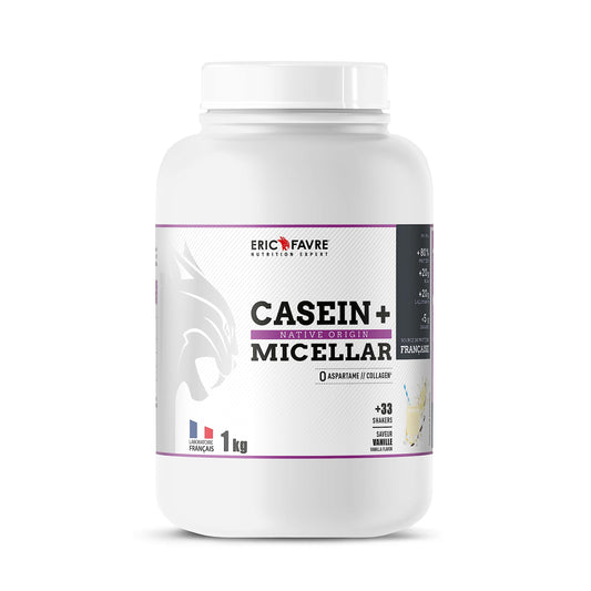 CASEIN + NATIVE ORIGINE - Caséine Micellaire enrichie en HMB, Vitamine B6, Magnésium - Construction Musculaire 1 kg - Laboratoire Eric Favre, Vanille