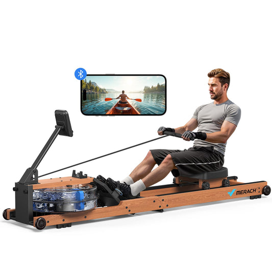 MERACH Rameur d'eau en Bois Pliable, Rameur d'appartement avec Matériau d'arbre en Caoutchouc et Siège Confortable, avec Une APP Exclusive avec Jeu Interactif, Expérience d'aviron Immersive