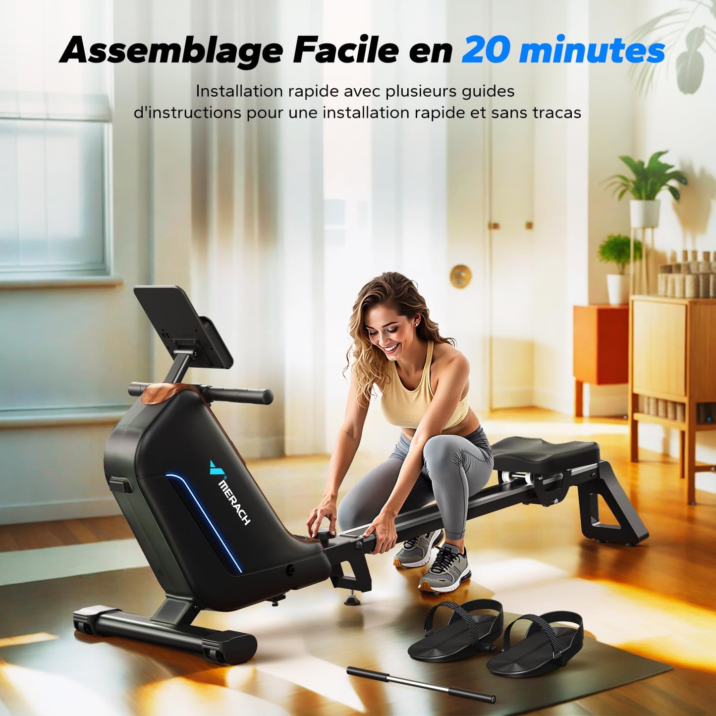 MERACH Rameurs pour la Maison, Rameur Silencieux avec Rail Rallongé de 130CM, Rameur Magnétique Puissant à 16 Niveaux et Capacité de Charge de 160KG