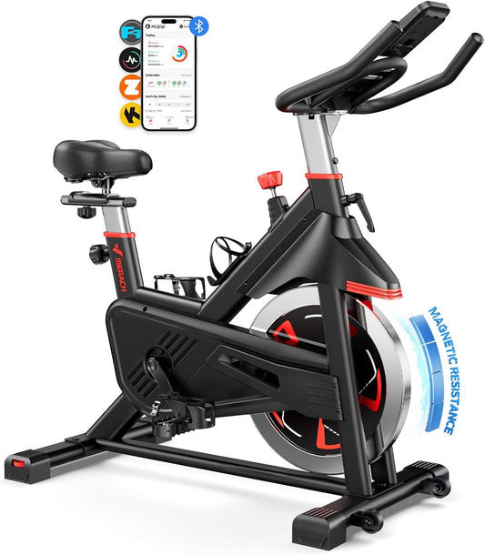 MERACH Vélo d'Appartement avec Résistance Magnétique, Vélo de Fitness d'Intérieur Silencieux avec Siège Confortable Amélioré, Écran LCD, Support Tablette, Application Exclusive, Capacité Max 136 kg