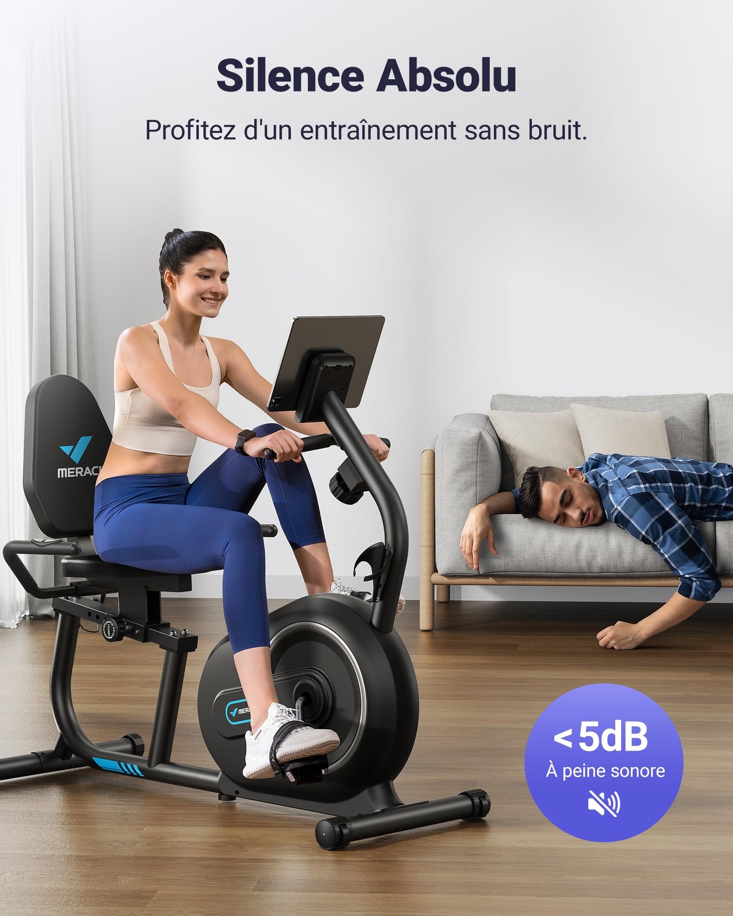 MERACH Vélo d'Appartement, Vélo Couché Magnétique avec 8 Niveaux de Résistance Réglables, Vélo de Fitness avec Écran LCD, Poignées de Fréquence Cardiaque, Capacité de Charge de 136 kg