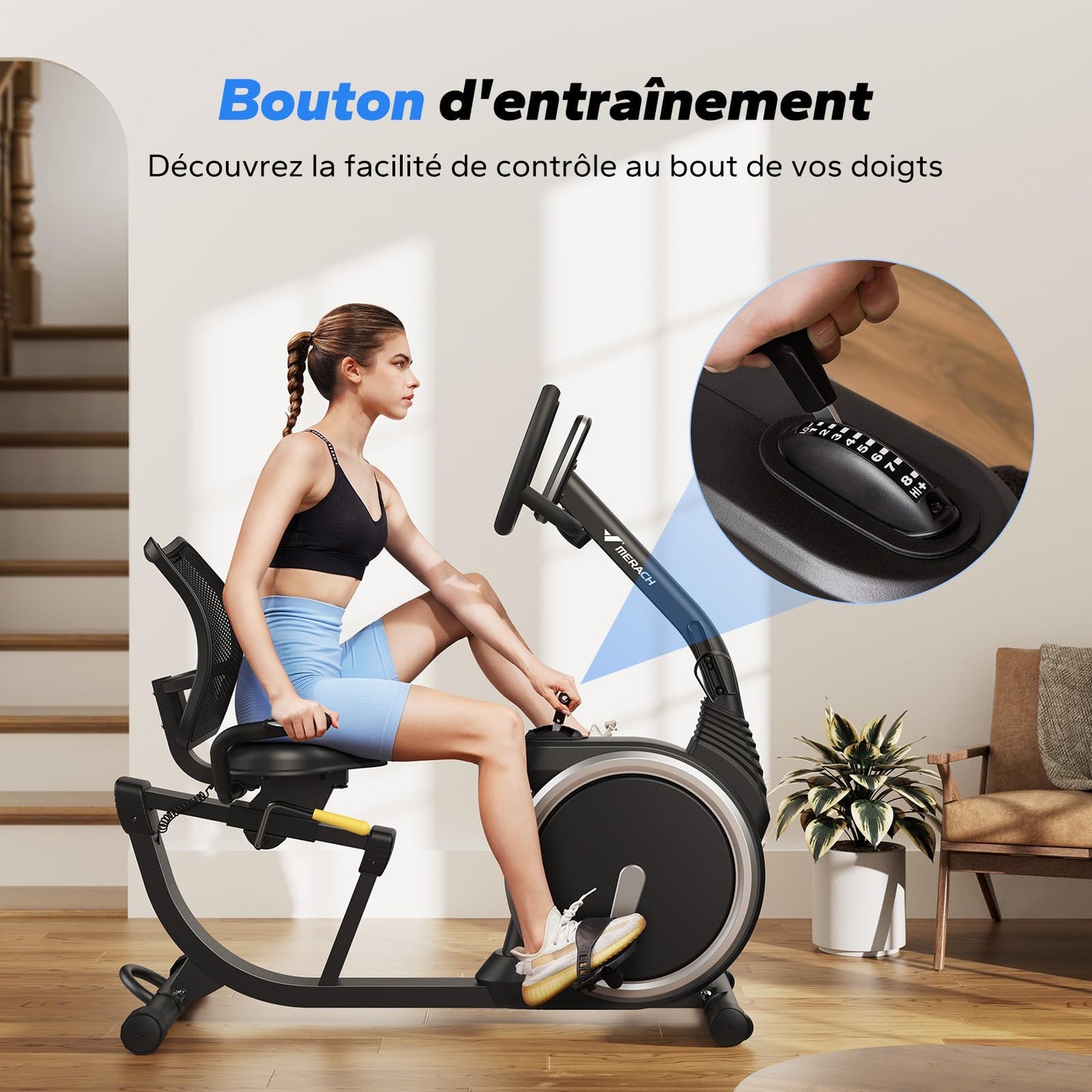 MERACH Vélo d'Appartement, Vélo Couché Magnétique à 8 Niveaux de Résistance Réglables, Vélo de Fitness Léger de Type Commercial pour Maison, Exclusive à l'App, Écran LCD, Capteurs Cardiaque