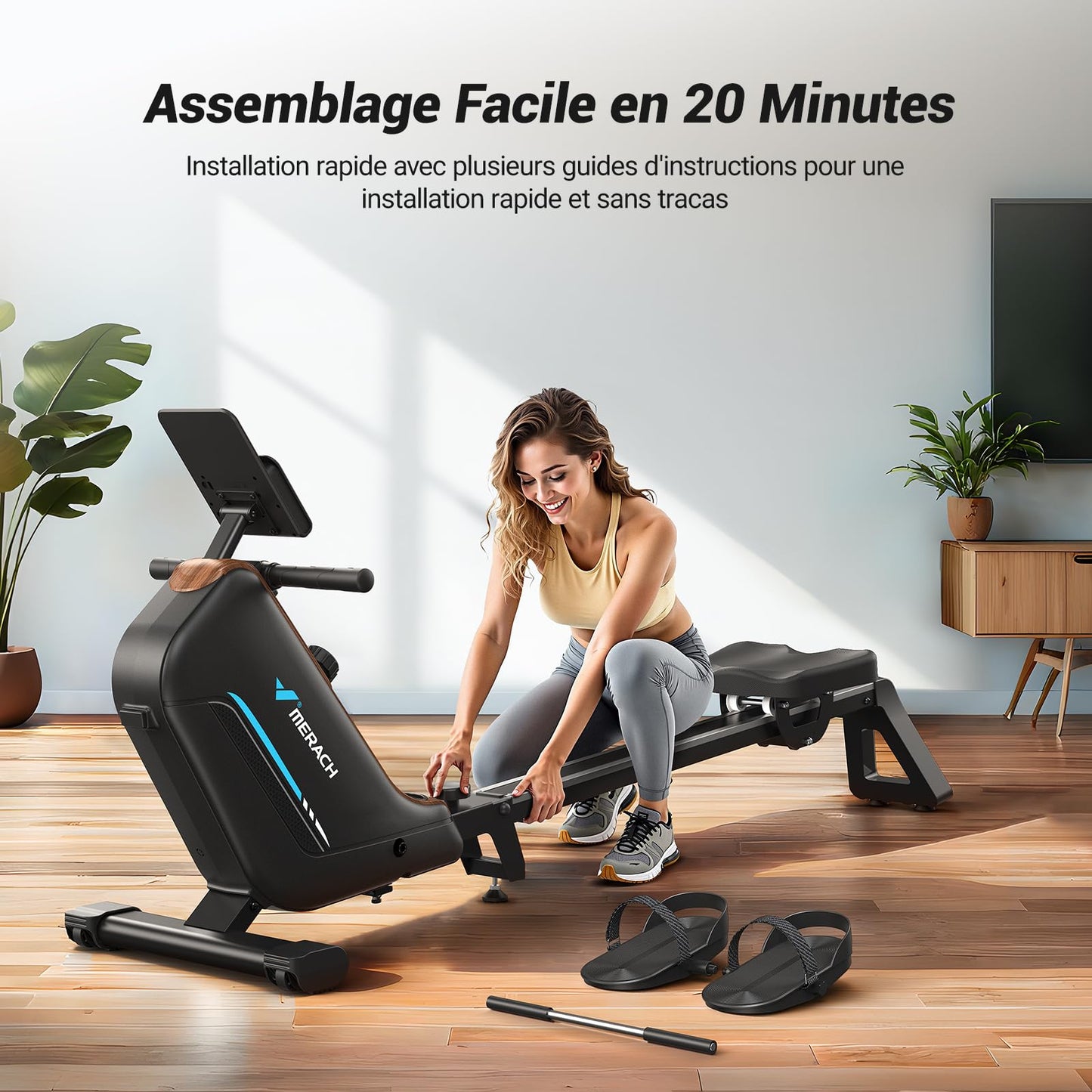 MERACH Rameurs pour la Maison, Rameur Silencieux avec Rail Rallongé de 130CM, Rameur Magnétique Puissant à 16 Niveaux et Capacité de Charge de 160KG