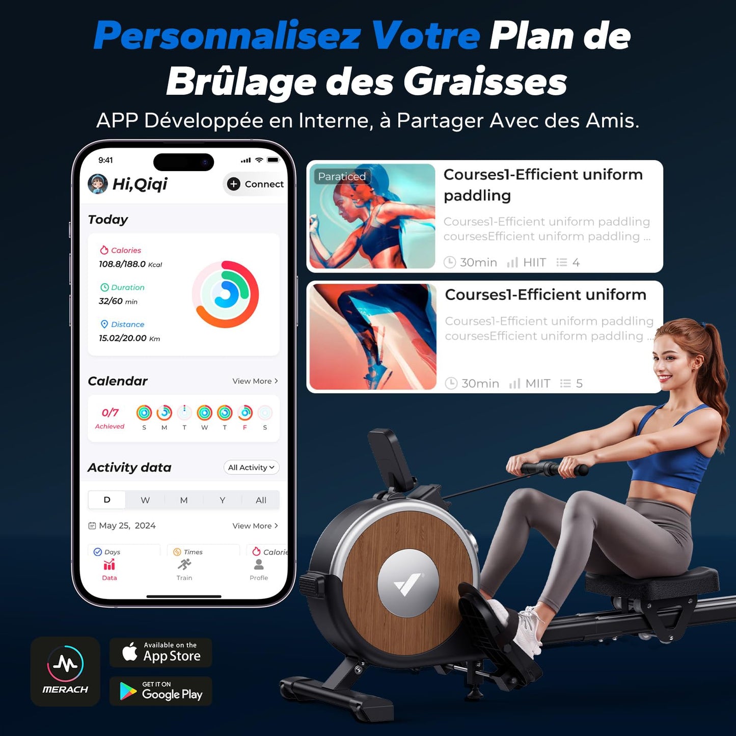 MERACH Rameur Musculation D'appartement, 16 Niveaux de Résistance, Rameur Magnétique Silencieux avec APP Exclusive, Rails Doubles Améliorés pour Plus de Stabilité, Assemblage Facile