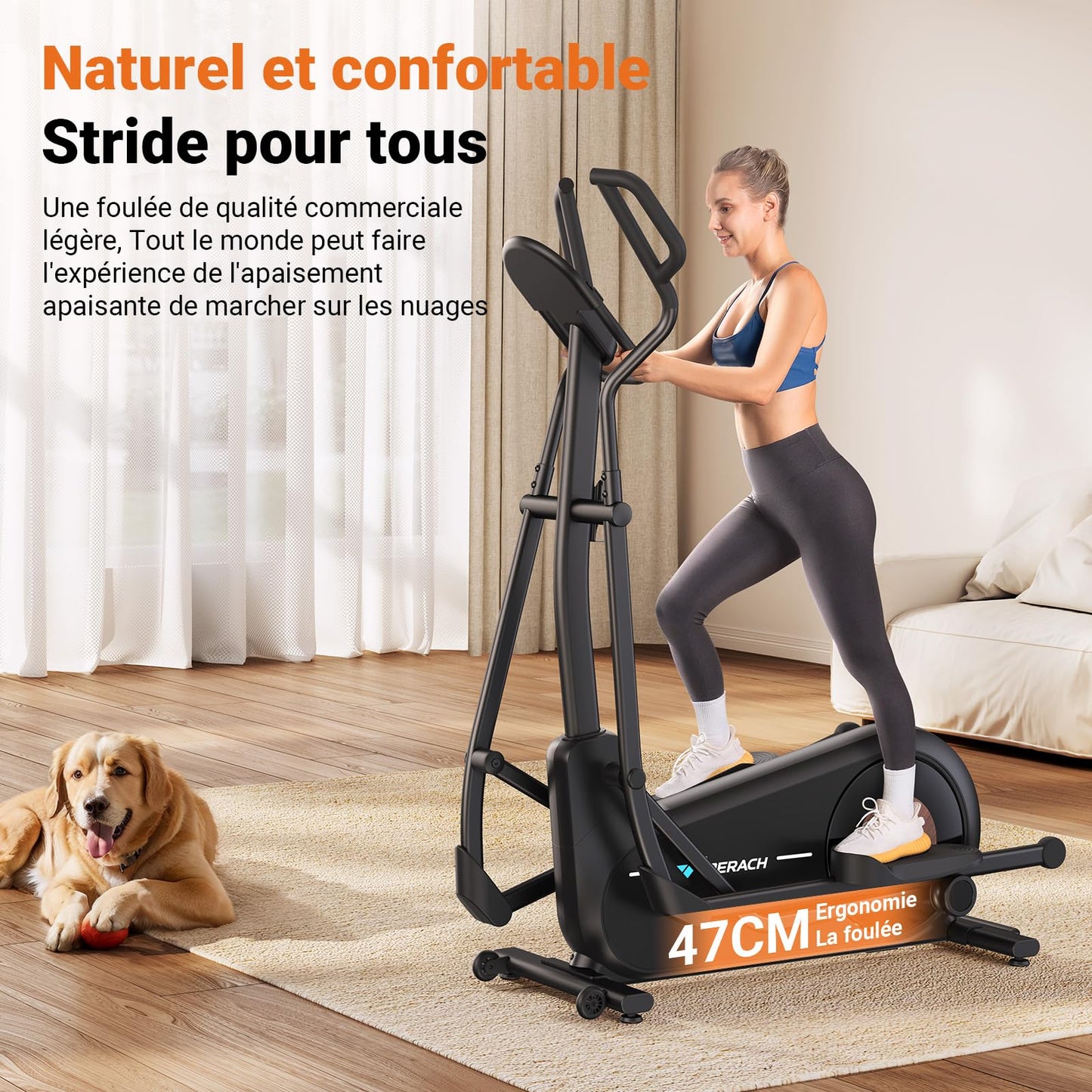 Vélo Elliptique pour Maison avec Longueur de Foulée de 47cm, Elliptique Ultra Silencieux avec Résistance Magnétique à 16 Niveaux, Entraînement d'Endurance, avec App Propre, Charge Jusqu'à 180kg