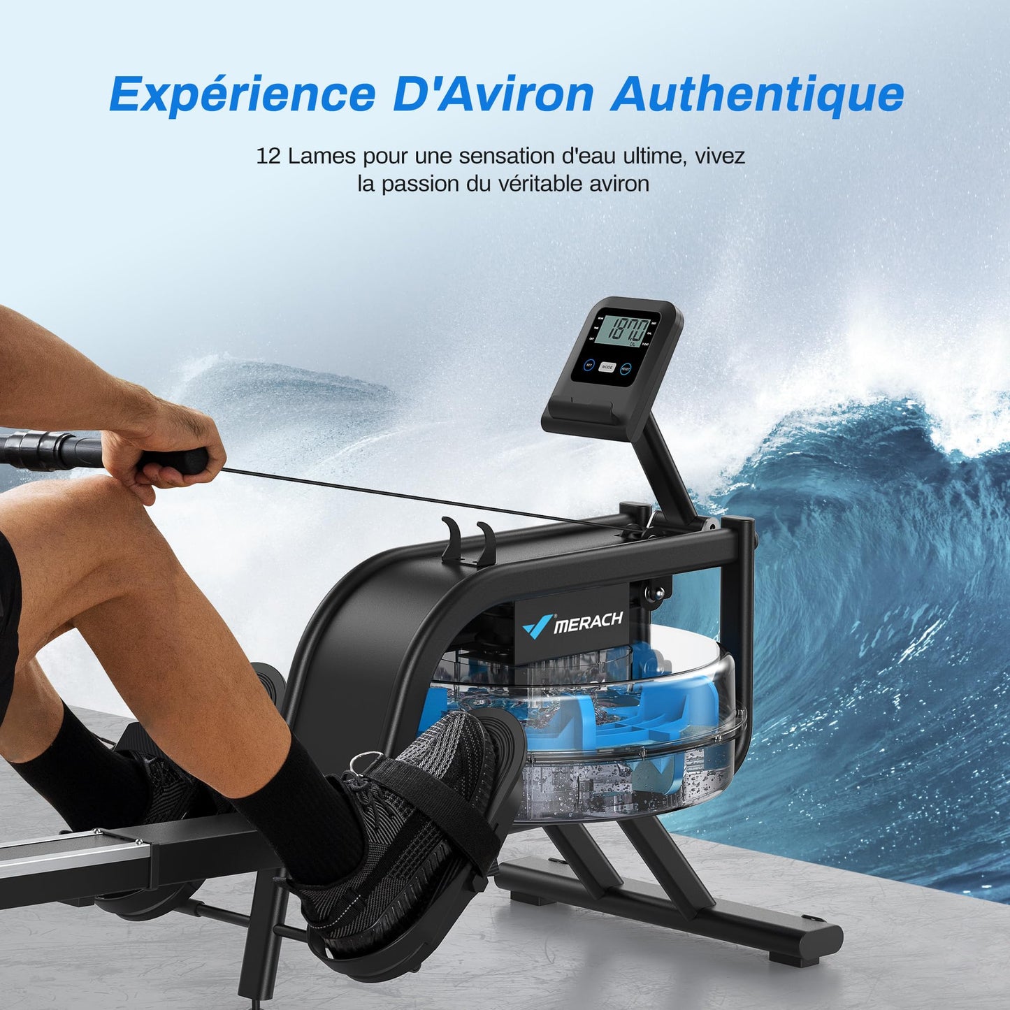 Rameur d'eau pour la maison, avec résistance à l'eau de 15 l, connectivité Bluetooth et application, support iPad, siège ergonomique, rangement vertical peu encombrant