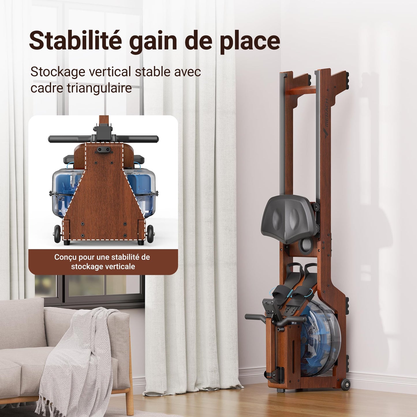 MERACH Rameur d'eau en Bois Pliable, Rameur d'appartement avec Matériau d'arbre en Caoutchouc et Siège Confortable, avec Une APP Exclusive avec Jeu Interactif, Expérience d'aviron Immersive
