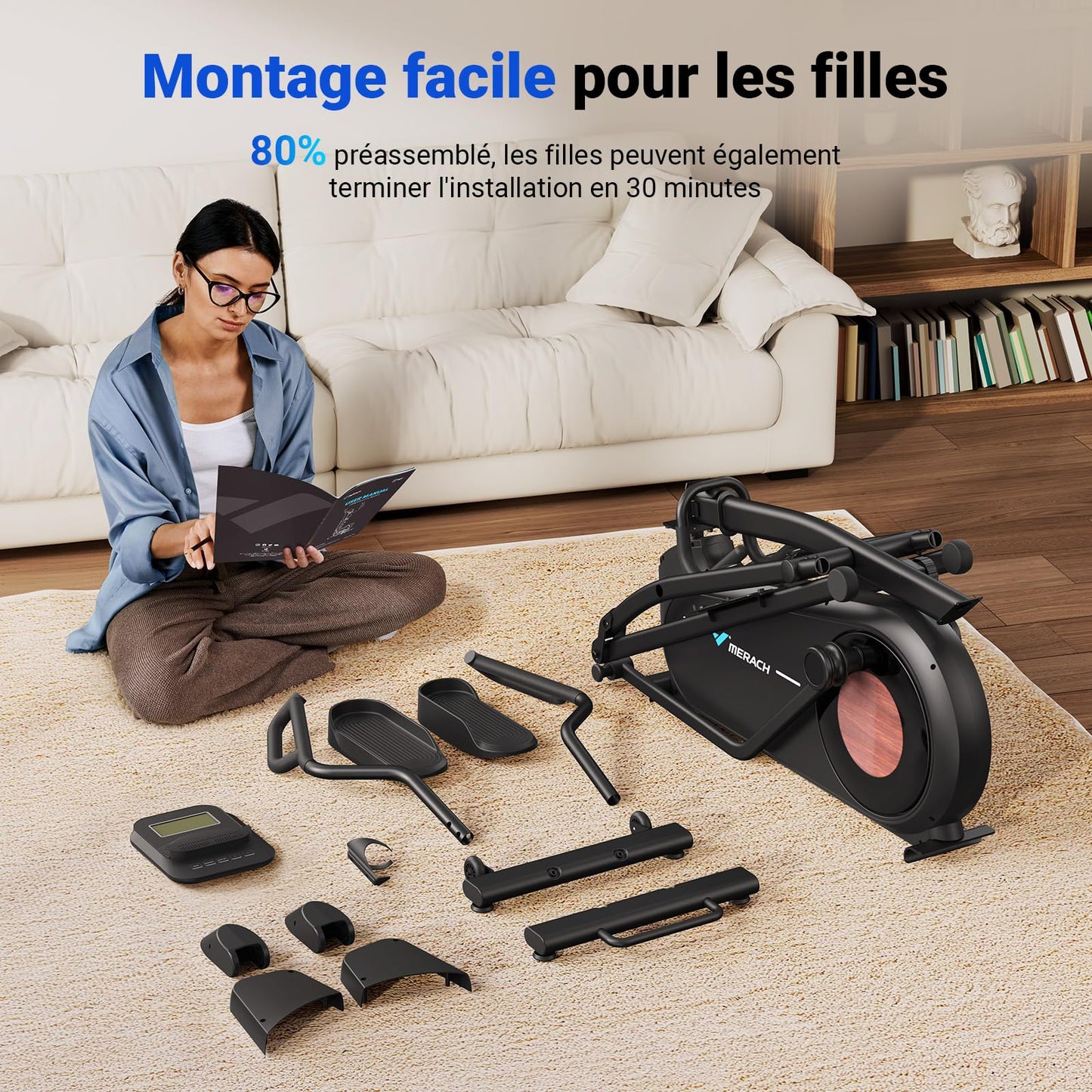 Vélo Elliptique pour Maison avec Longueur de Foulée de 47cm, Elliptique Ultra Silencieux avec Résistance Magnétique à 16 Niveaux, Entraînement d'Endurance, avec App Propre, Charge Jusqu'à 180kg