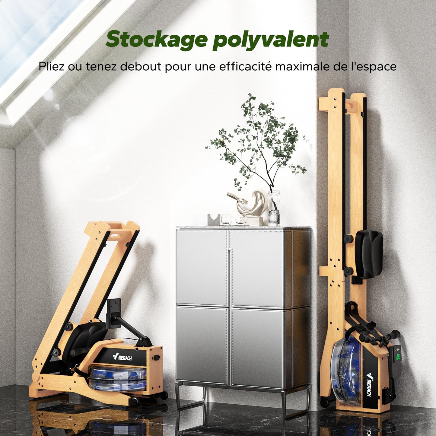 MERACH Rameur d'eau en Bois Pliable, Rameur d'appartement avec Matériau d'arbre en Caoutchouc et Siège Confortable, avec Une APP Exclusive avec Jeu Interactif, Expérience d'aviron Immersive