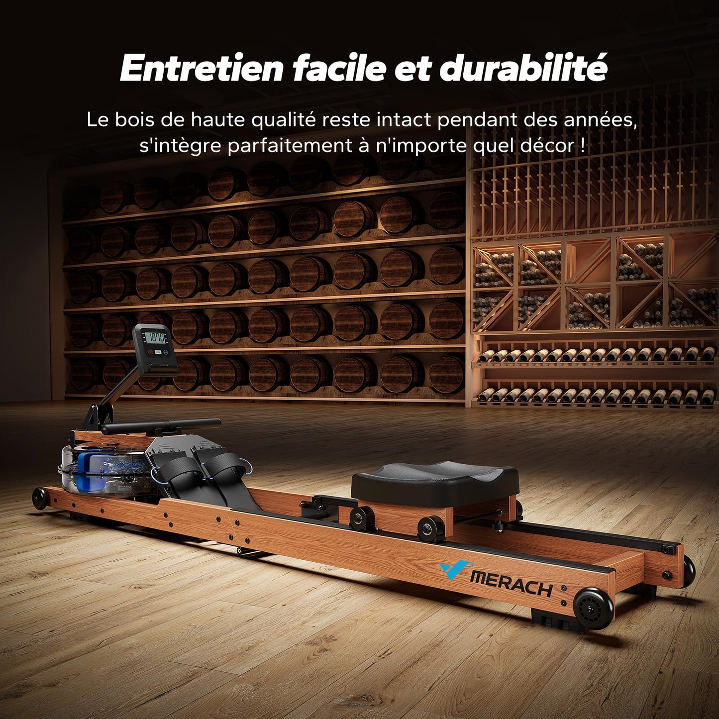 MERACH Rameur d'eau en Bois Pliable, Rameur d'appartement avec Matériau d'arbre en Caoutchouc et Siège Confortable, avec Une APP Exclusive avec Jeu Interactif, Expérience d'aviron Immersive