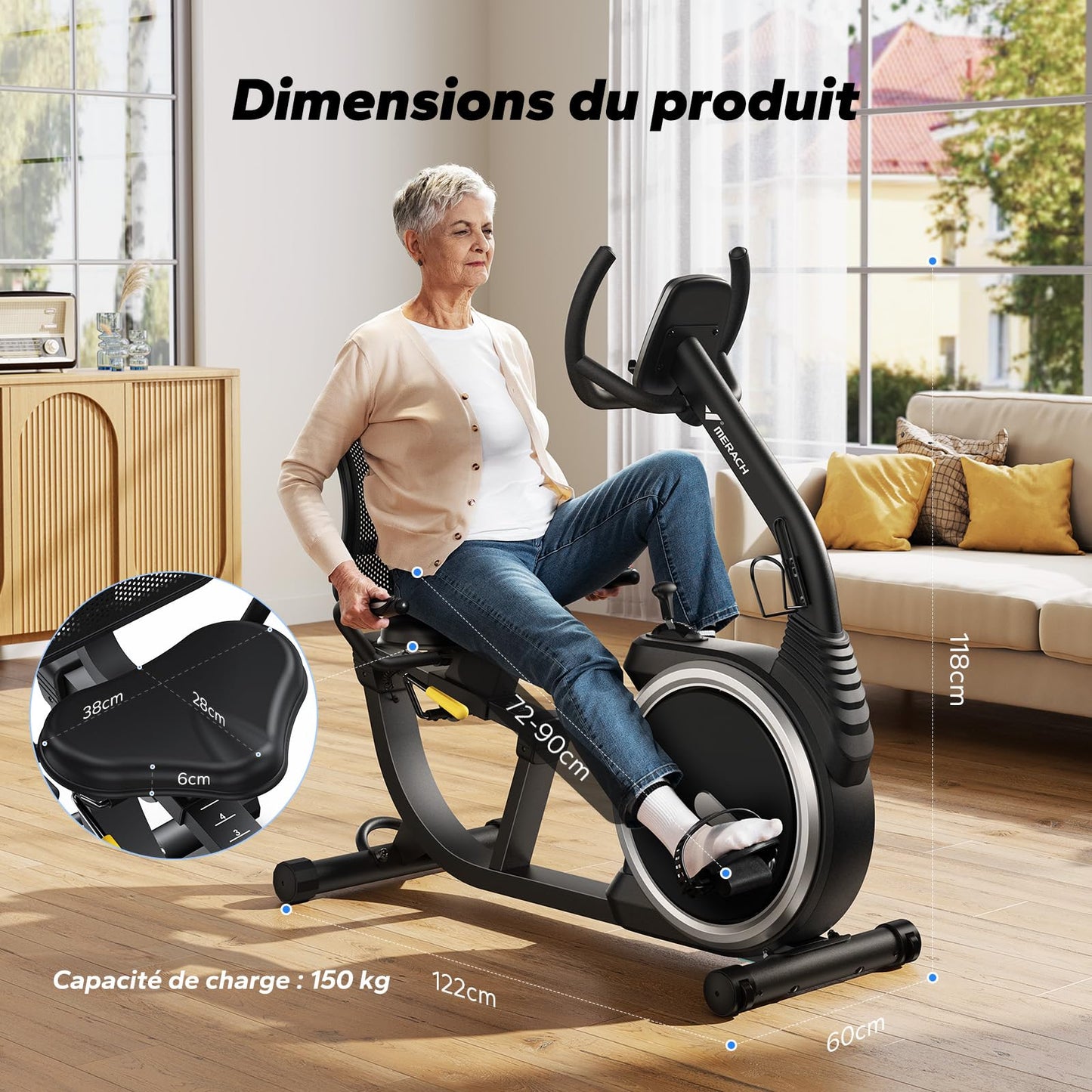 MERACH Vélo d'Appartement, Vélo Couché Magnétique à 8 Niveaux de Résistance Réglables, Vélo de Fitness Léger de Type Commercial pour Maison, Exclusive à l'App, Écran LCD, Capteurs Cardiaque