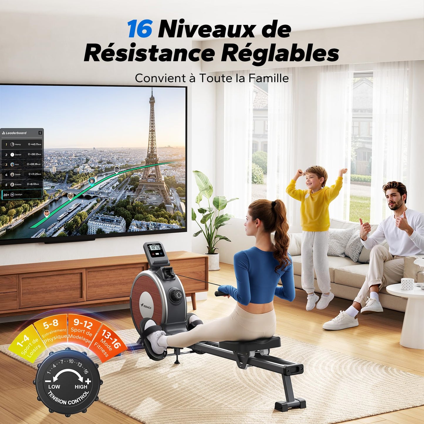 MERACH Rameur Musculation D'appartement, 16 Niveaux de Résistance, Rameur Magnétique Silencieux avec APP Exclusive, Rails Doubles Améliorés pour Plus de Stabilité, Assemblage Facile