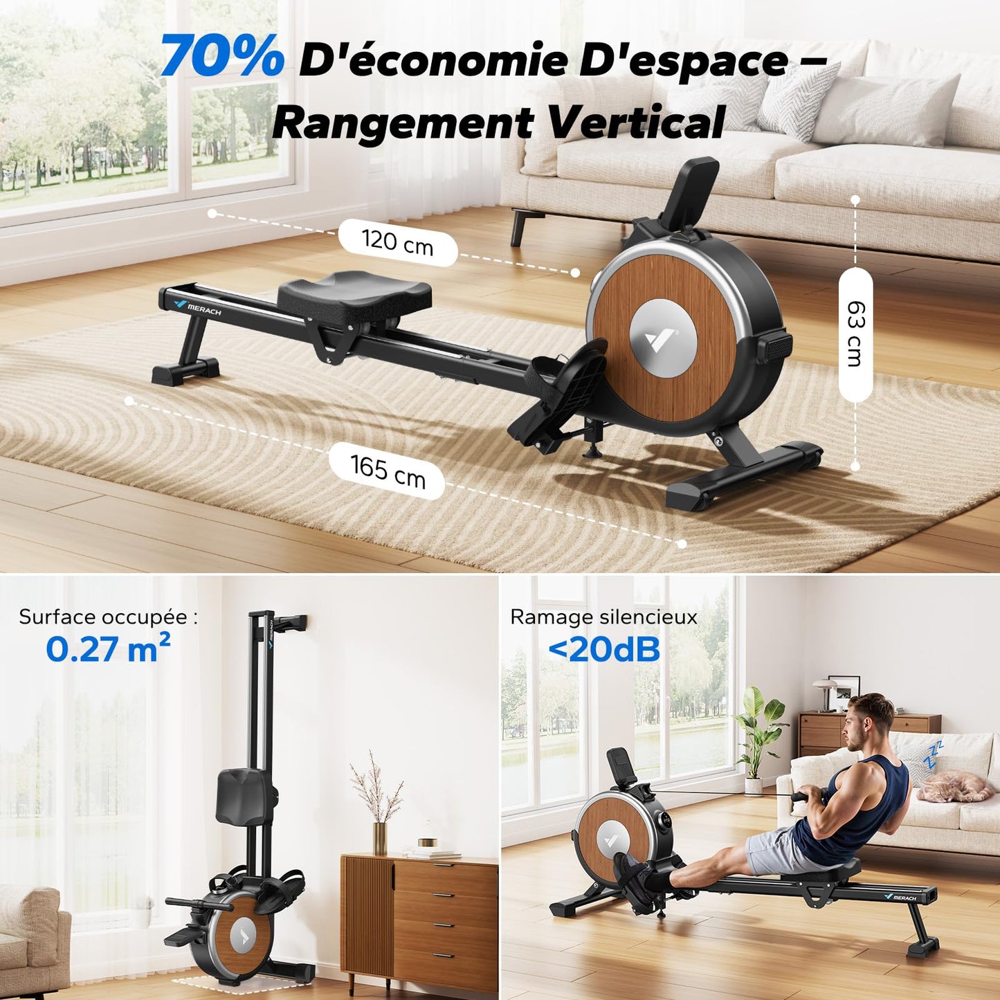 MERACH Rameur Musculation D'appartement, 16 Niveaux de Résistance, Rameur Magnétique Silencieux avec APP Exclusive, Rails Doubles Améliorés pour Plus de Stabilité, Assemblage Facile