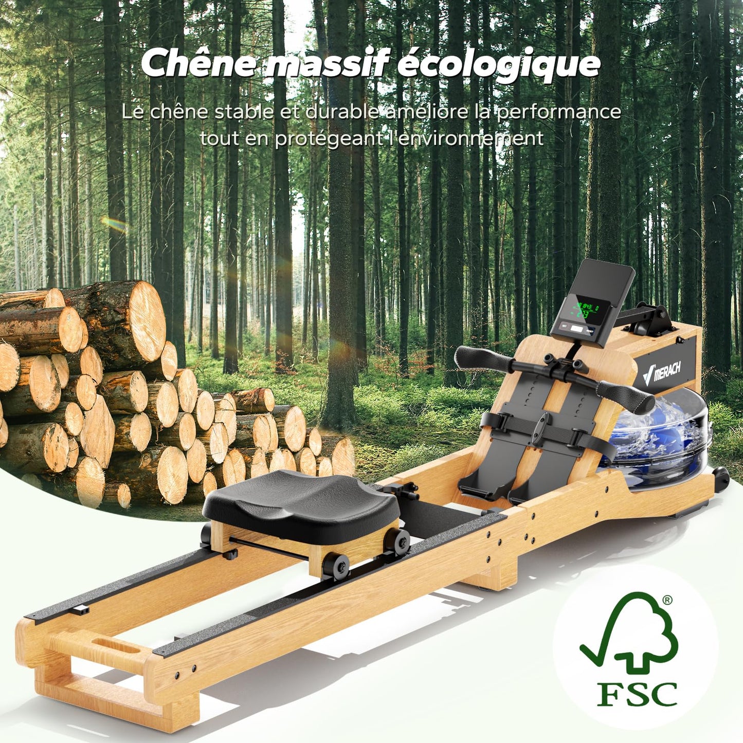 MERACH Rameur d'eau en Bois Pliable, Rameur d'appartement avec Matériau d'arbre en Caoutchouc et Siège Confortable, avec Une APP Exclusive avec Jeu Interactif, Expérience d'aviron Immersive