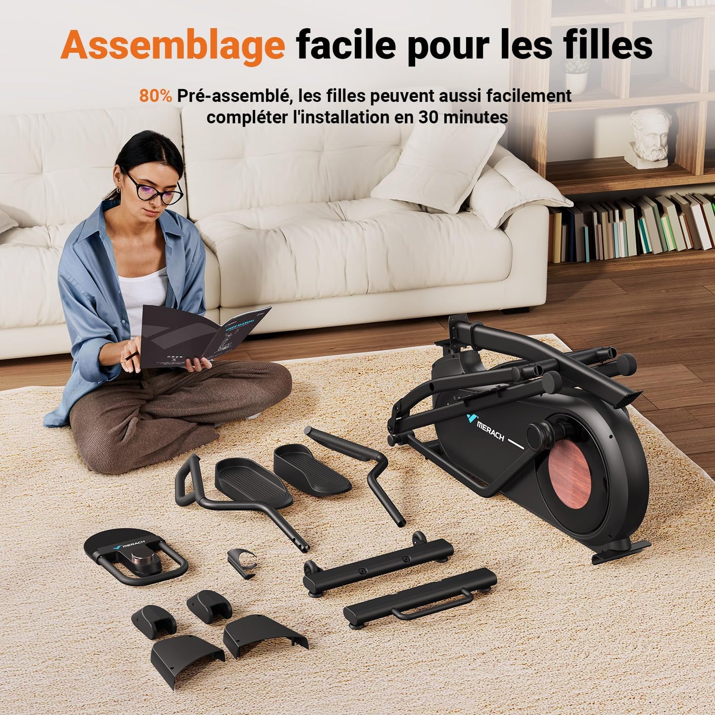 Vélo Elliptique pour Maison avec Longueur de Foulée de 47cm, Elliptique Ultra Silencieux avec Résistance Magnétique à 16 Niveaux, Entraînement d'Endurance, avec App Propre, Charge Jusqu'à 180kg