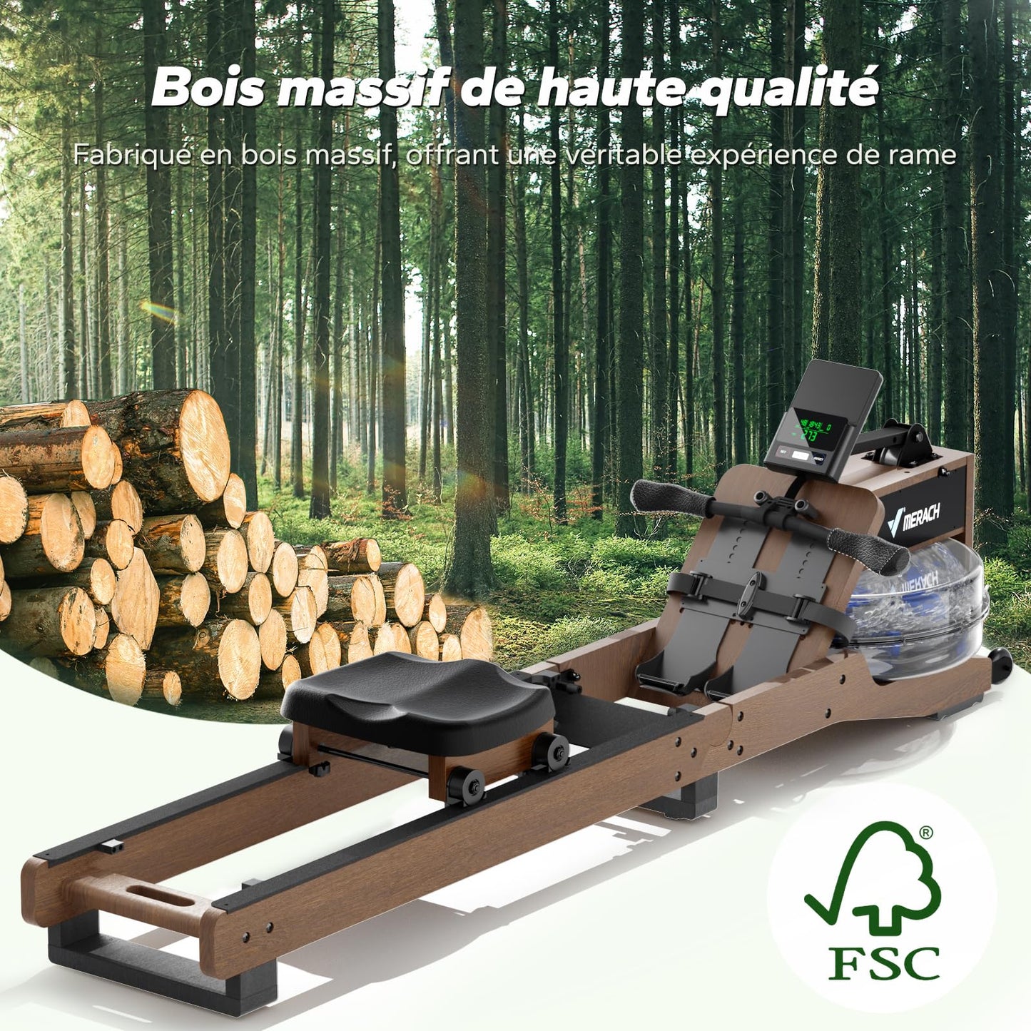 MERACH Rameur d'eau en Bois Pliable, Rameur d'appartement avec Matériau d'arbre en Caoutchouc et Siège Confortable, avec Une APP Exclusive avec Jeu Interactif, Expérience d'aviron Immersive