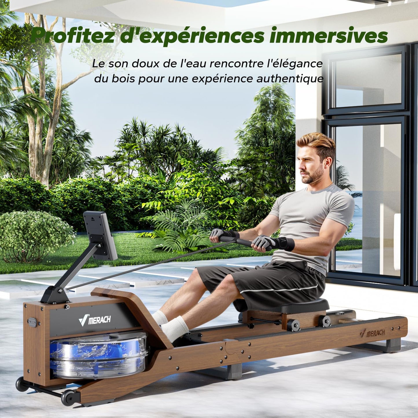 MERACH Rameur d'eau en Bois Pliable, Rameur d'appartement avec Matériau d'arbre en Caoutchouc et Siège Confortable, avec Une APP Exclusive avec Jeu Interactif, Expérience d'aviron Immersive
