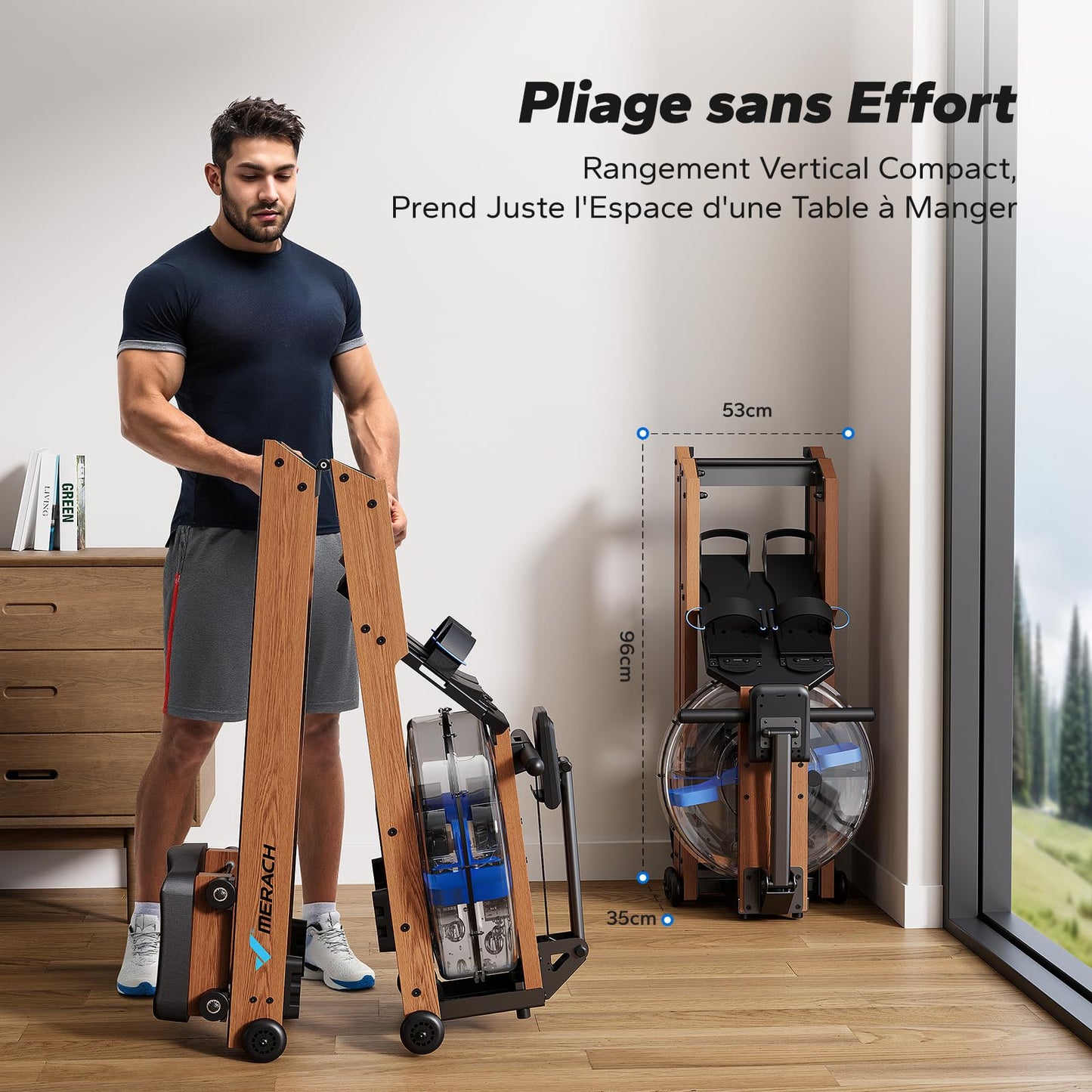 MERACH Rameur d'eau en Bois Pliable, Rameur d'appartement avec Matériau d'arbre en Caoutchouc et Siège Confortable, avec Une APP Exclusive avec Jeu Interactif, Expérience d'aviron Immersive