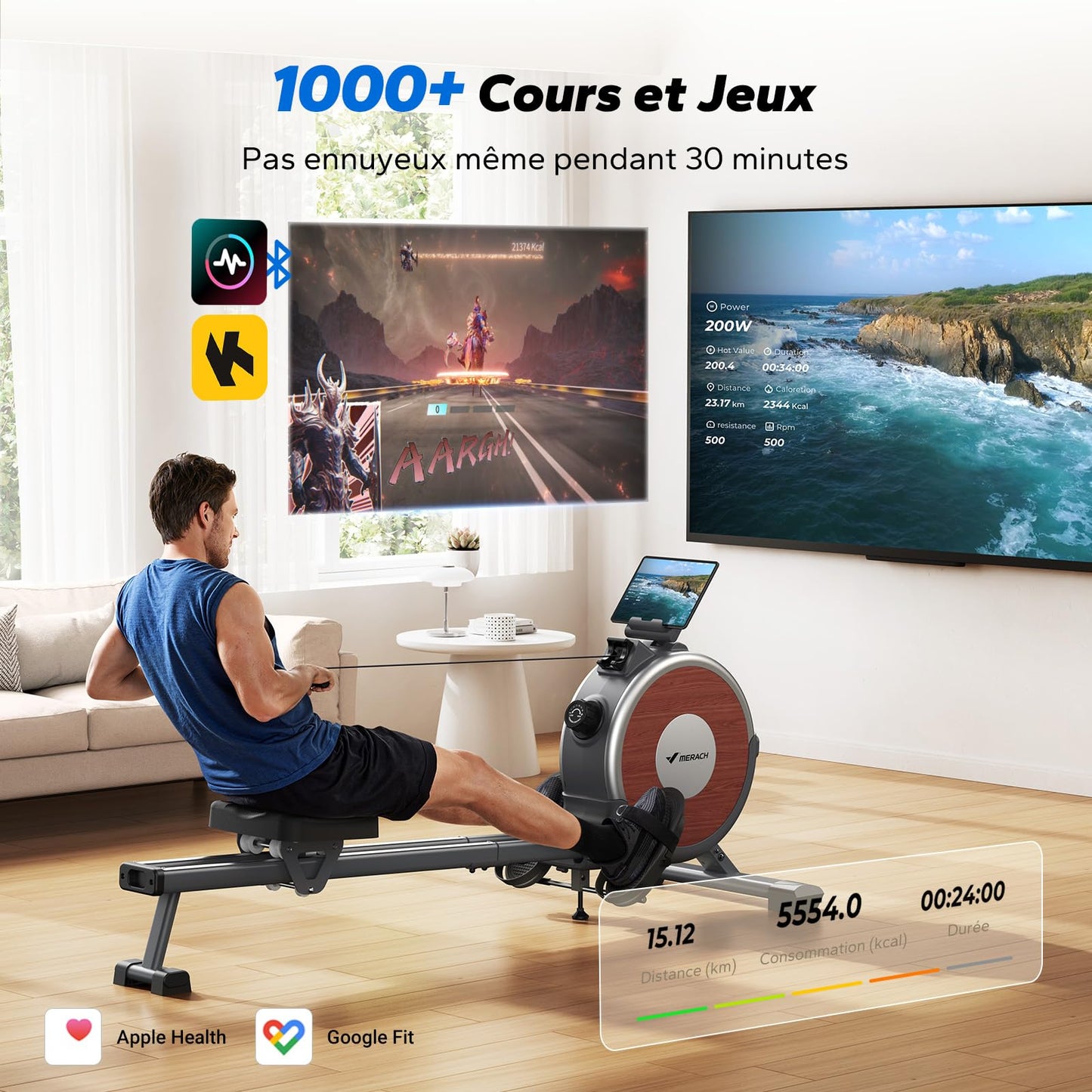 MERACH Rameur Musculation D'appartement, 16 Niveaux de Résistance, Rameur Magnétique Silencieux avec APP Exclusive, Rails Doubles Améliorés pour Plus de Stabilité, Assemblage Facile