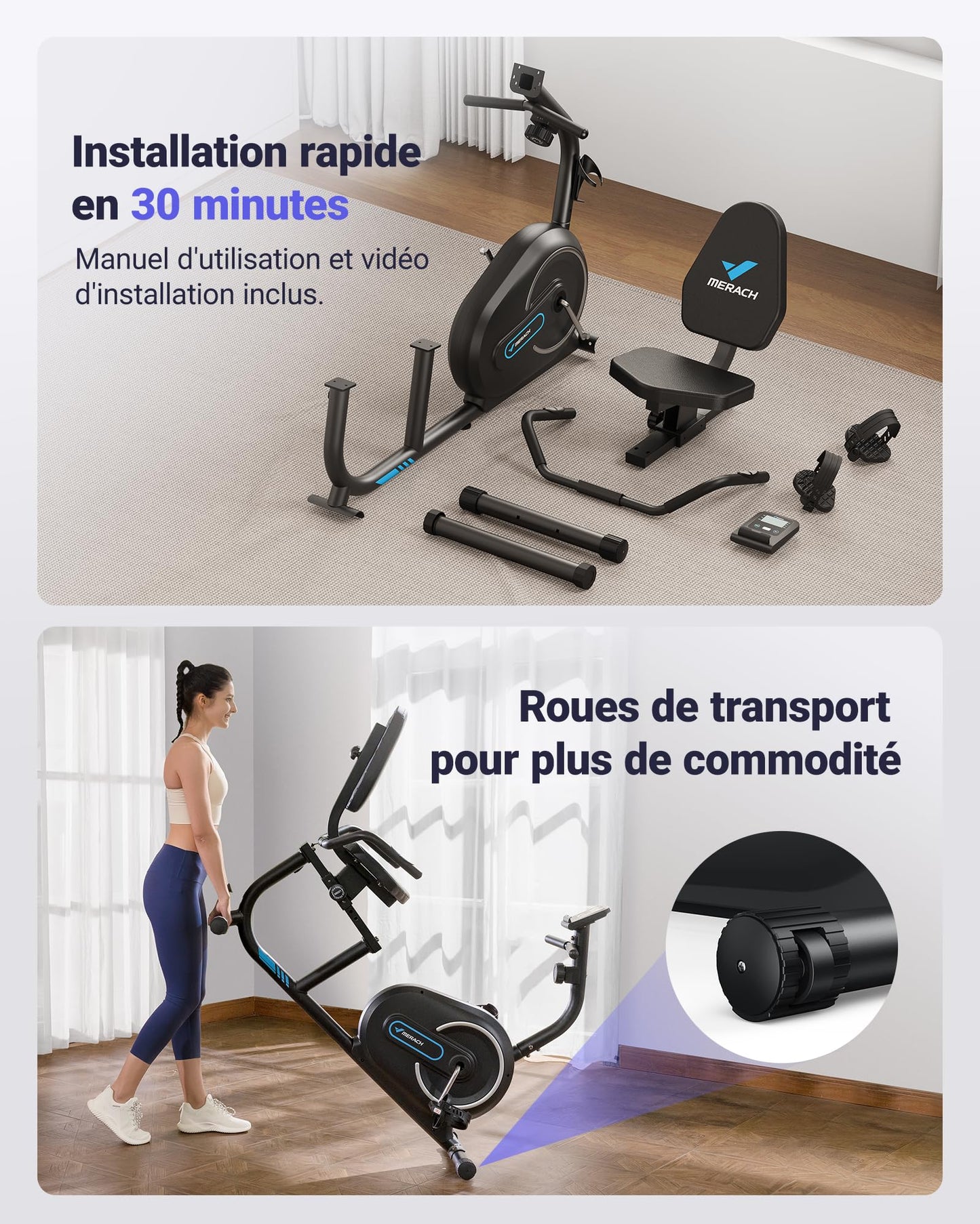 MERACH Vélo d'Appartement, Vélo Couché Magnétique avec 8 Niveaux de Résistance Réglables, Vélo de Fitness avec Écran LCD, Poignées de Fréquence Cardiaque, Capacité de Charge de 136 kg