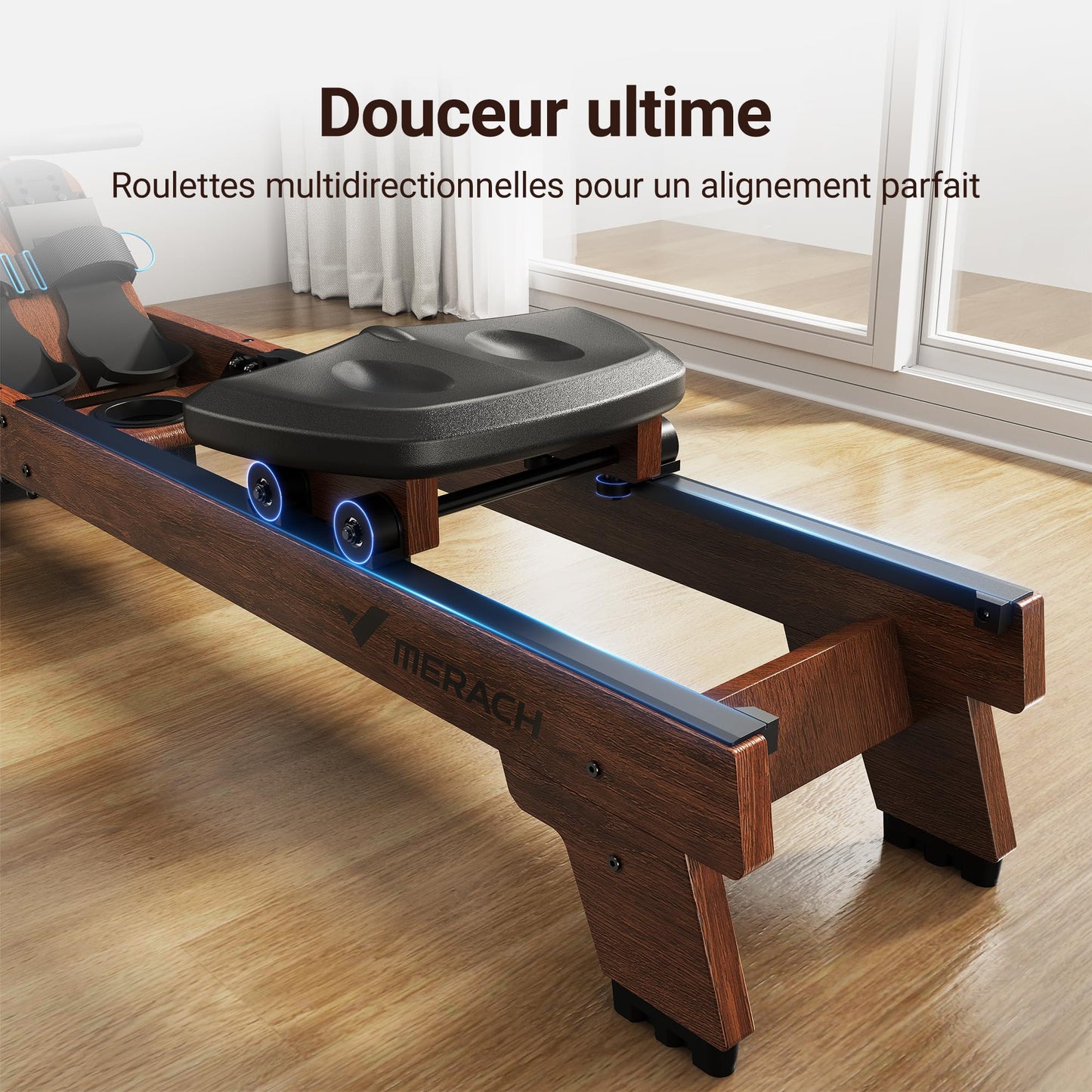 MERACH Rameur d'eau en Bois Pliable, Rameur d'appartement avec Matériau d'arbre en Caoutchouc et Siège Confortable, avec Une APP Exclusive avec Jeu Interactif, Expérience d'aviron Immersive