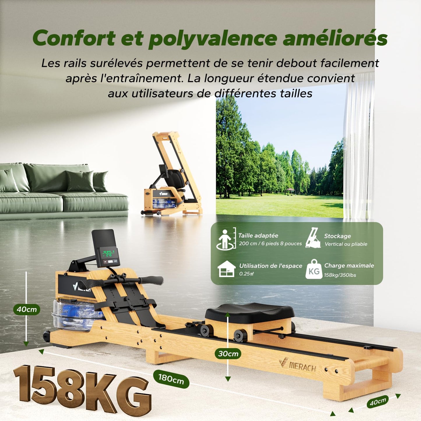 MERACH Rameur d'eau en Bois Pliable, Rameur d'appartement avec Matériau d'arbre en Caoutchouc et Siège Confortable, avec Une APP Exclusive avec Jeu Interactif, Expérience d'aviron Immersive