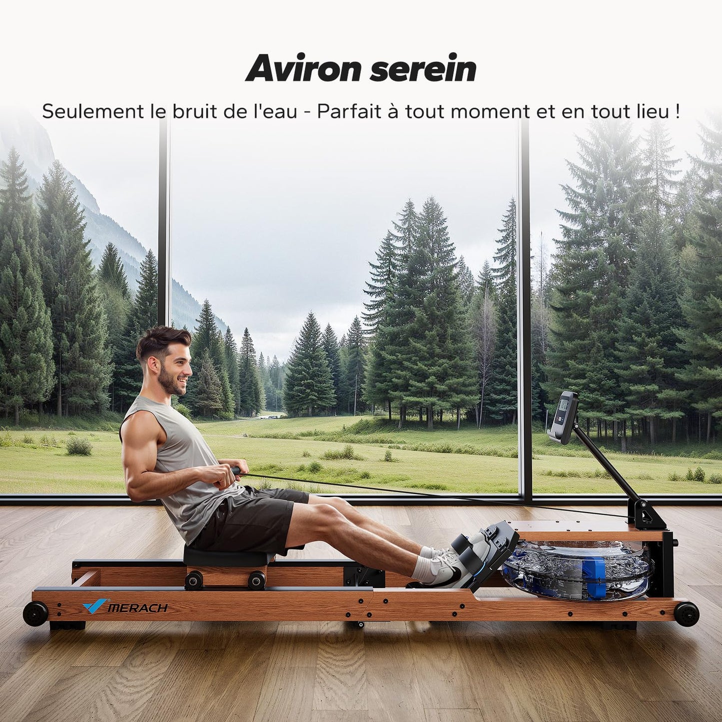 MERACH Rameur d'eau en Bois Pliable, Rameur d'appartement avec Matériau d'arbre en Caoutchouc et Siège Confortable, avec Une APP Exclusive avec Jeu Interactif, Expérience d'aviron Immersive