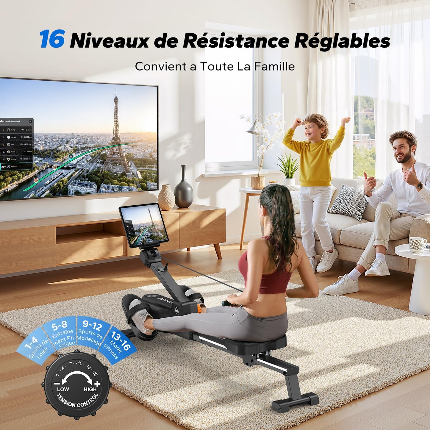 Rameur D'appartement avec Carte Interactive Exclusive de l' APP et Jeux, Apparence Semblable à Un Requin, Expérience de Rame Intense, Gain de Place, Adapté à L'entraînement du Corps Entier