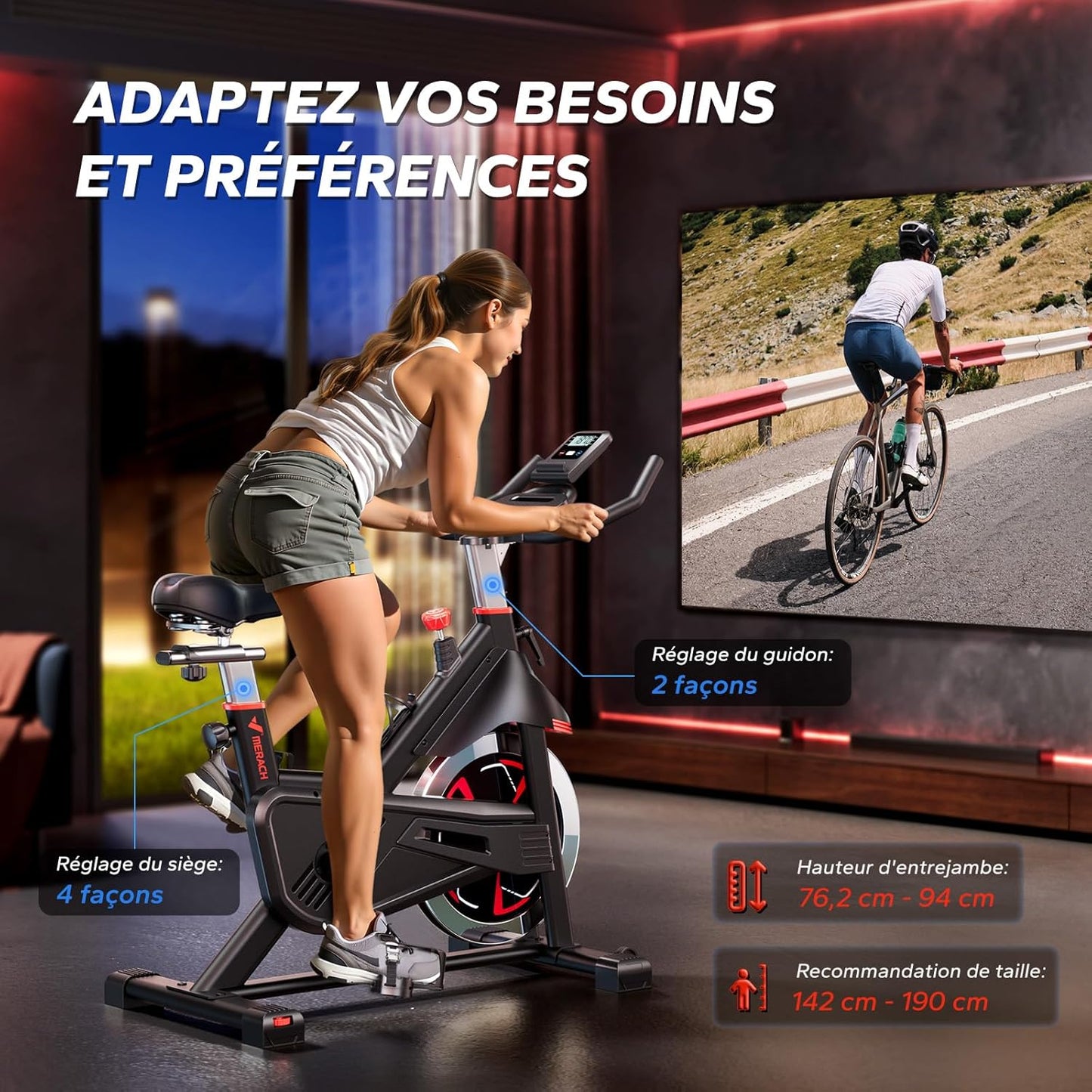 MERACH Vélo d'Appartement avec Résistance Magnétique, Vélo de Fitness d'Intérieur Silencieux avec Siège Confortable Amélioré, Écran LCD, Support Tablette, Application Exclusive, Capacité Max 136 kg
