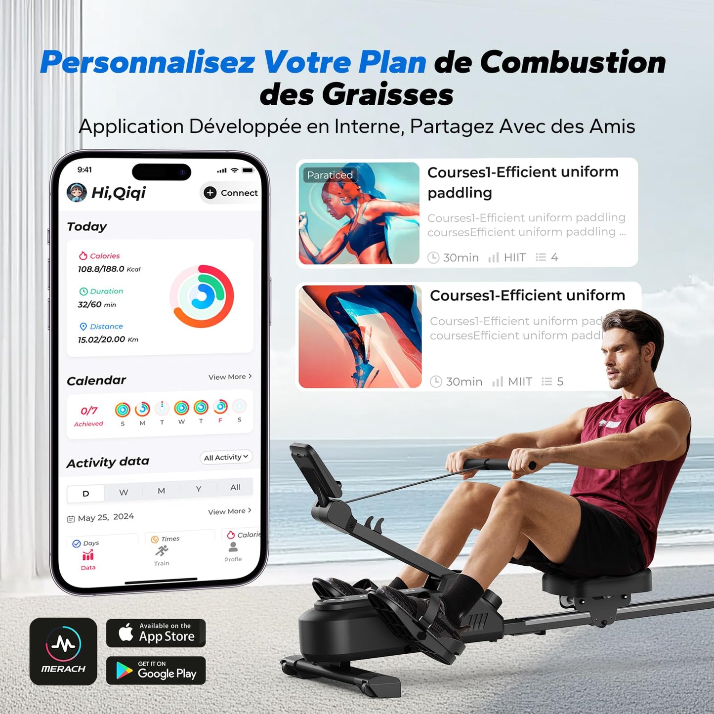 Rameur D'appartement avec Carte Interactive Exclusive de l' APP et Jeux, Apparence Semblable à Un Requin, Expérience de Rame Intense, Gain de Place, Adapté à L'entraînement du Corps Entier