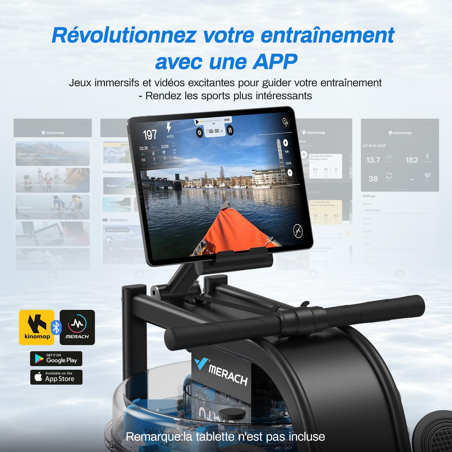 Rameur d'eau pour la maison, avec résistance à l'eau de 15 l, connectivité Bluetooth et application, support iPad, siège ergonomique, rangement vertical peu encombrant